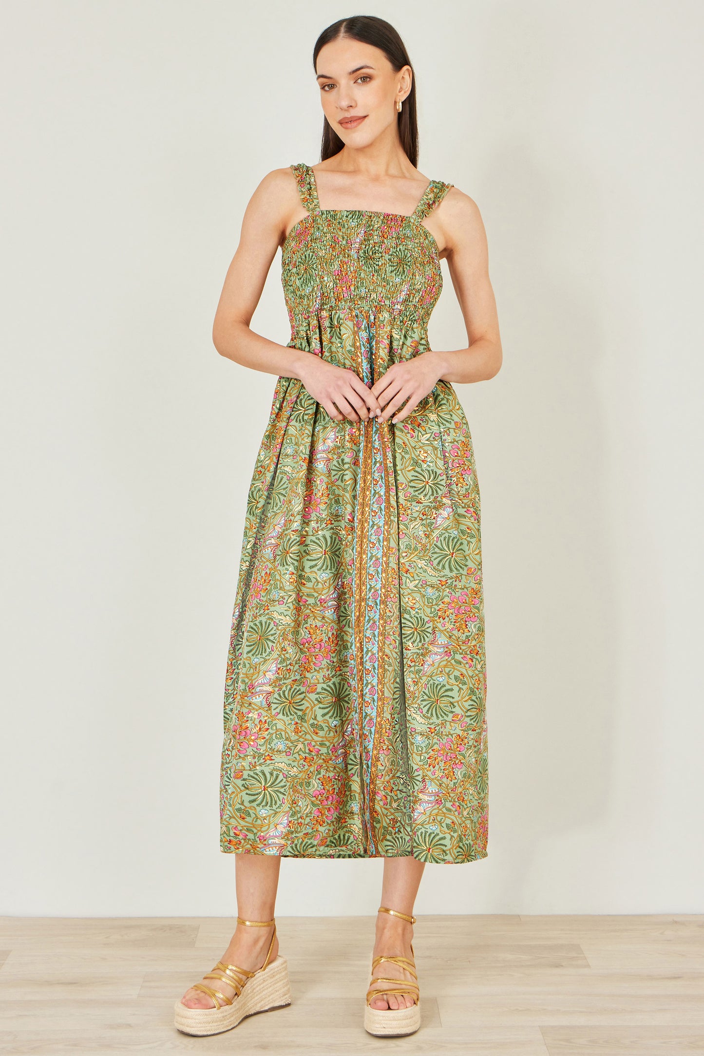 Yumi Green Foil Palm Print Ruched Maxi Dress With Border Detail Beachwear Yumi