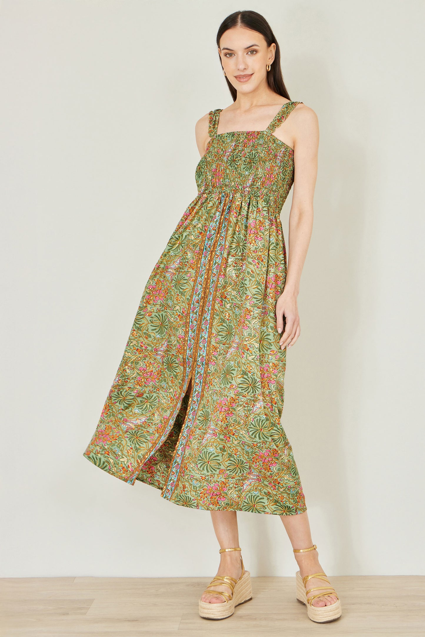Yumi Green Foil Palm Print Ruched Maxi Dress With Border Detail Beachwear Yumi
