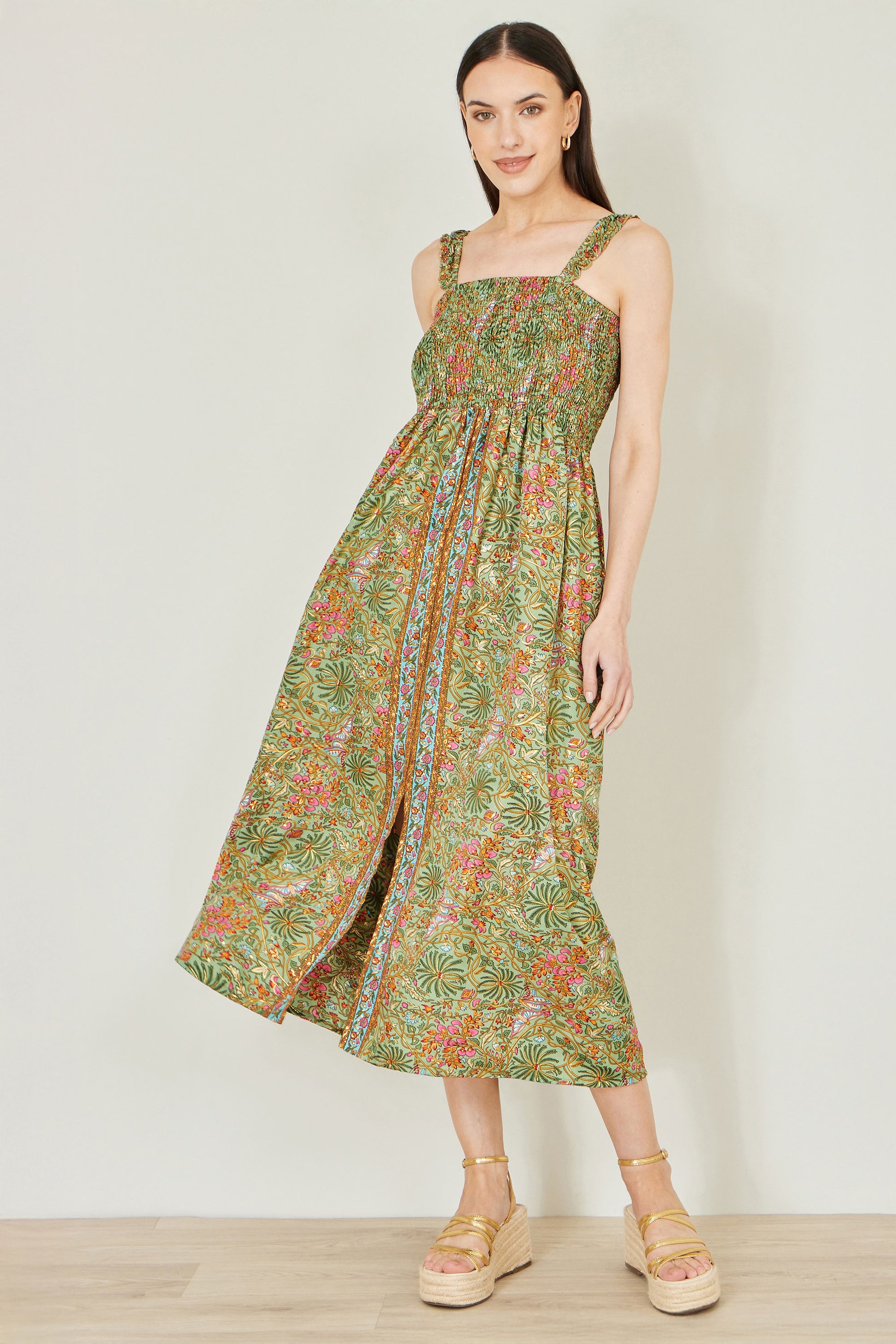 Yumi Green Foil Palm Print Ruched Maxi Dress With Border Detail Beachwear Yumi