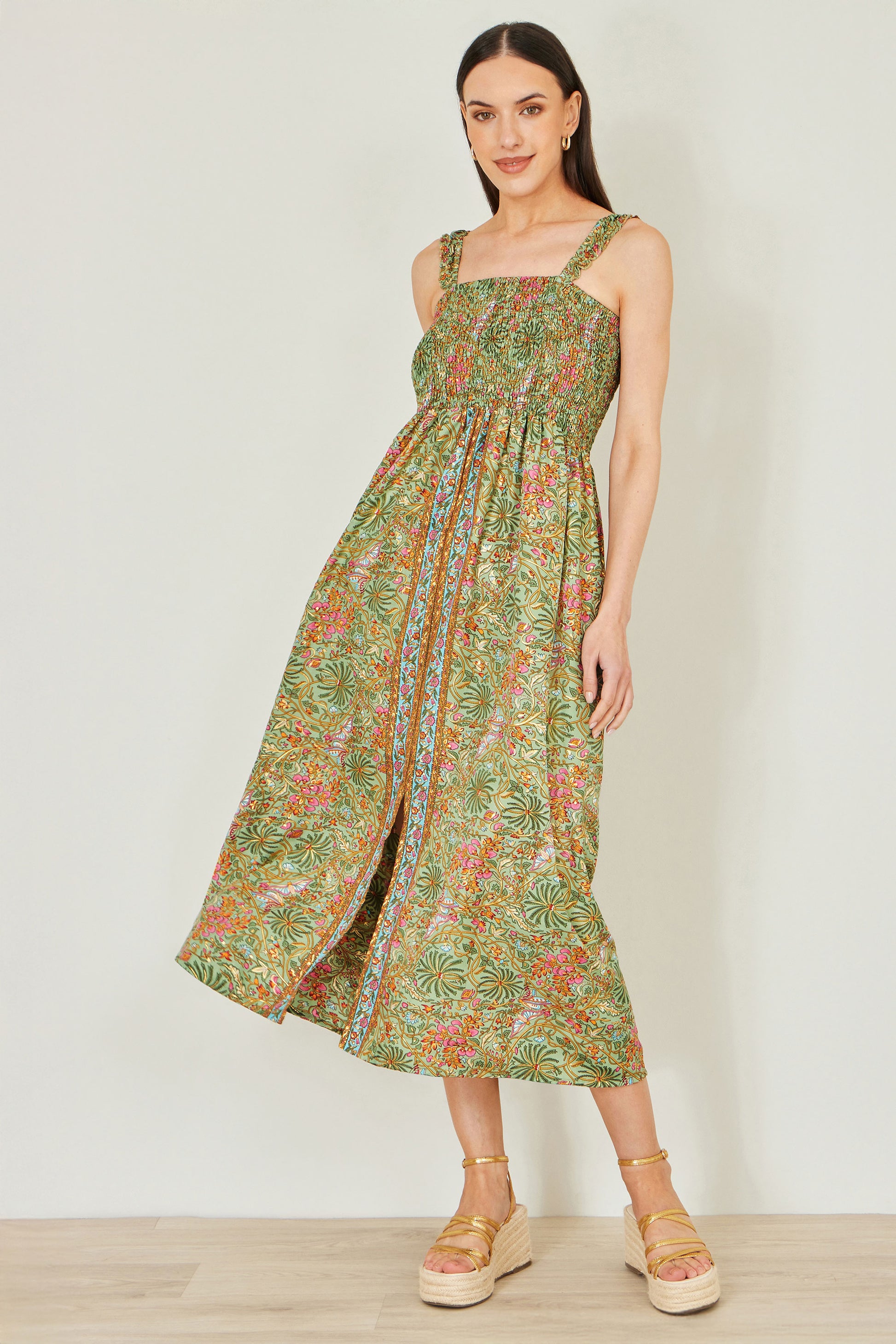 Yumi Green Foil Palm Print Ruched Maxi Dress With Border Detail Beachwear Yumi