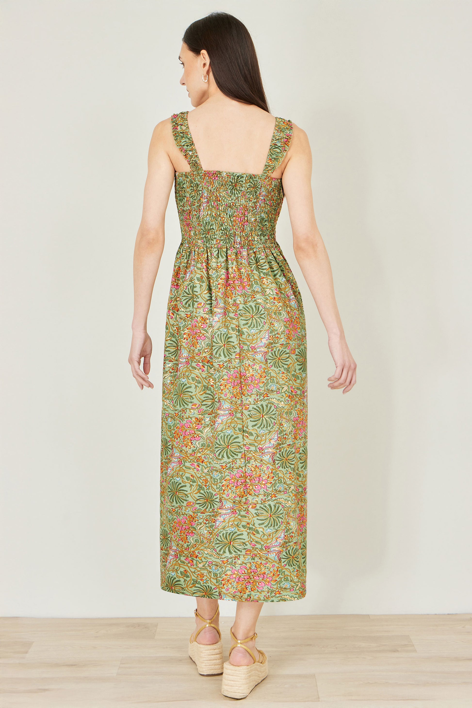 Yumi Green Foil Palm Print Ruched Maxi Dress With Border Detail Beachwear Yumi