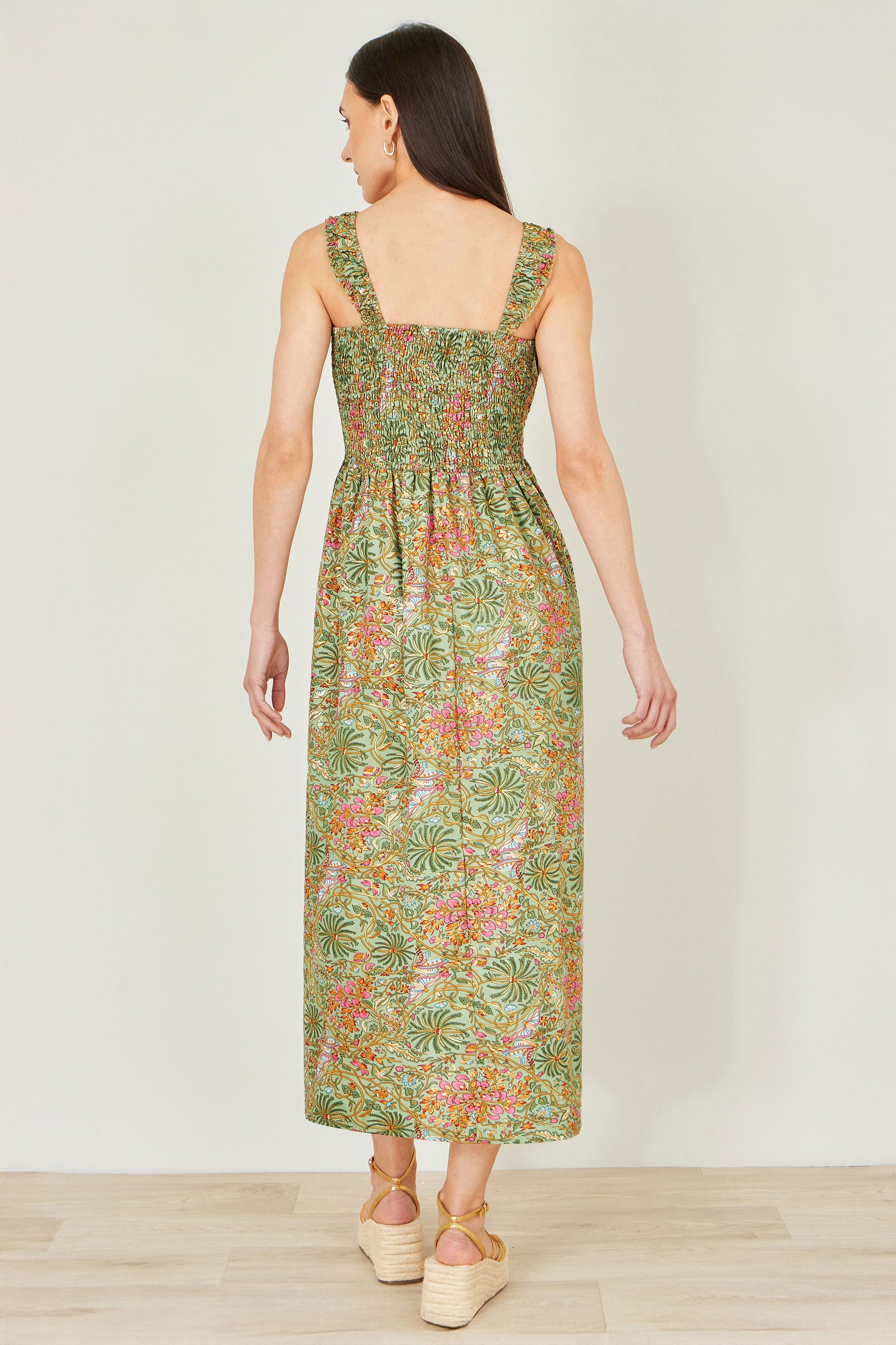 Yumi Green Foil Palm Print Ruched Maxi Dress With Border Detail Beachwear Yumi