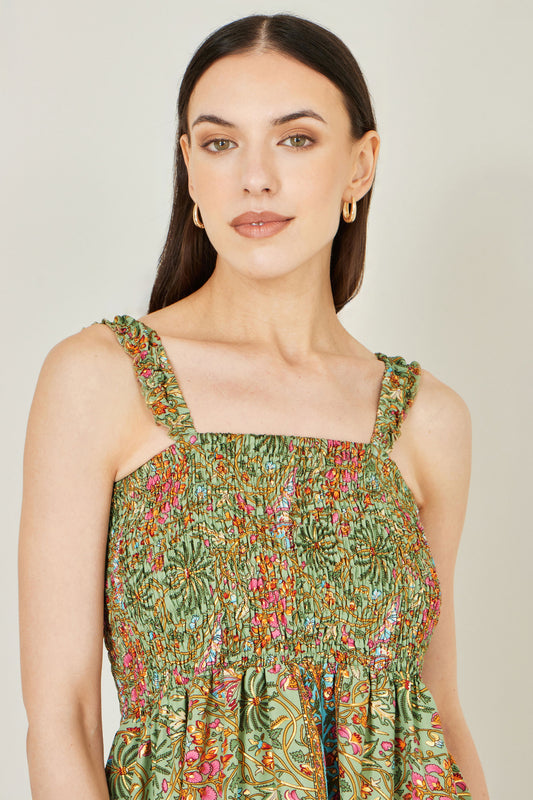 Yumi Green Foil Palm Print Ruched Maxi Dress With Border Detail Beachwear Yumi