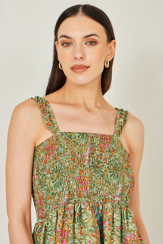 Yumi Green Foil Palm Print Ruched Maxi Dress With Border Detail Beachwear Yumi