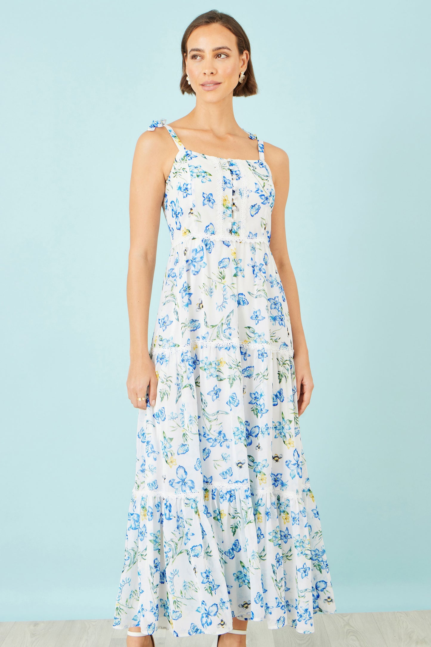 Yumi White Butterfly Print Lace Trim Maxi Dress Beachwear Yumi