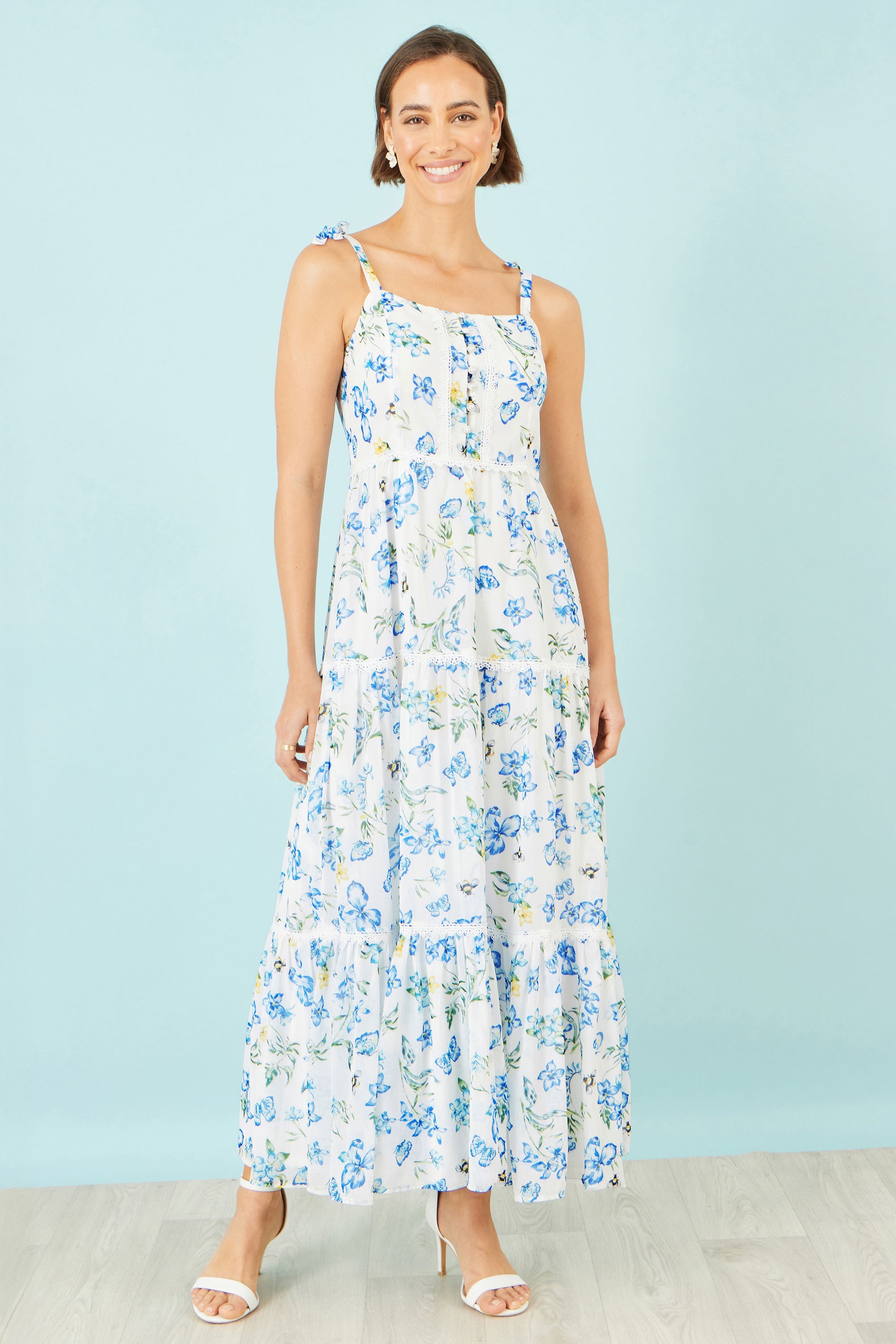 Yumi White Butterfly Print Lace Trim Maxi Dress Beachwear Yumi