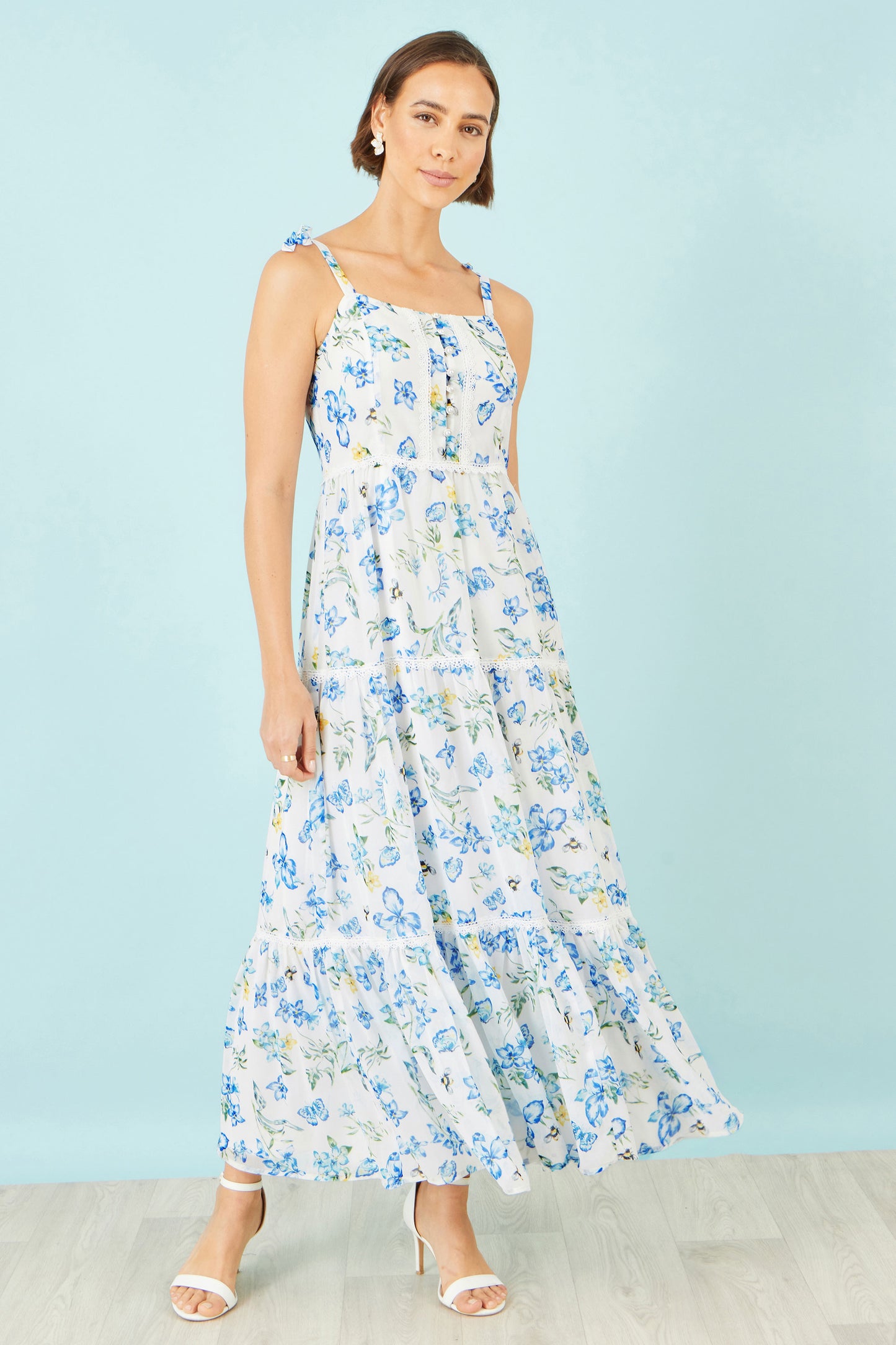 Yumi White Butterfly Print Lace Trim Maxi Dress Beachwear Yumi