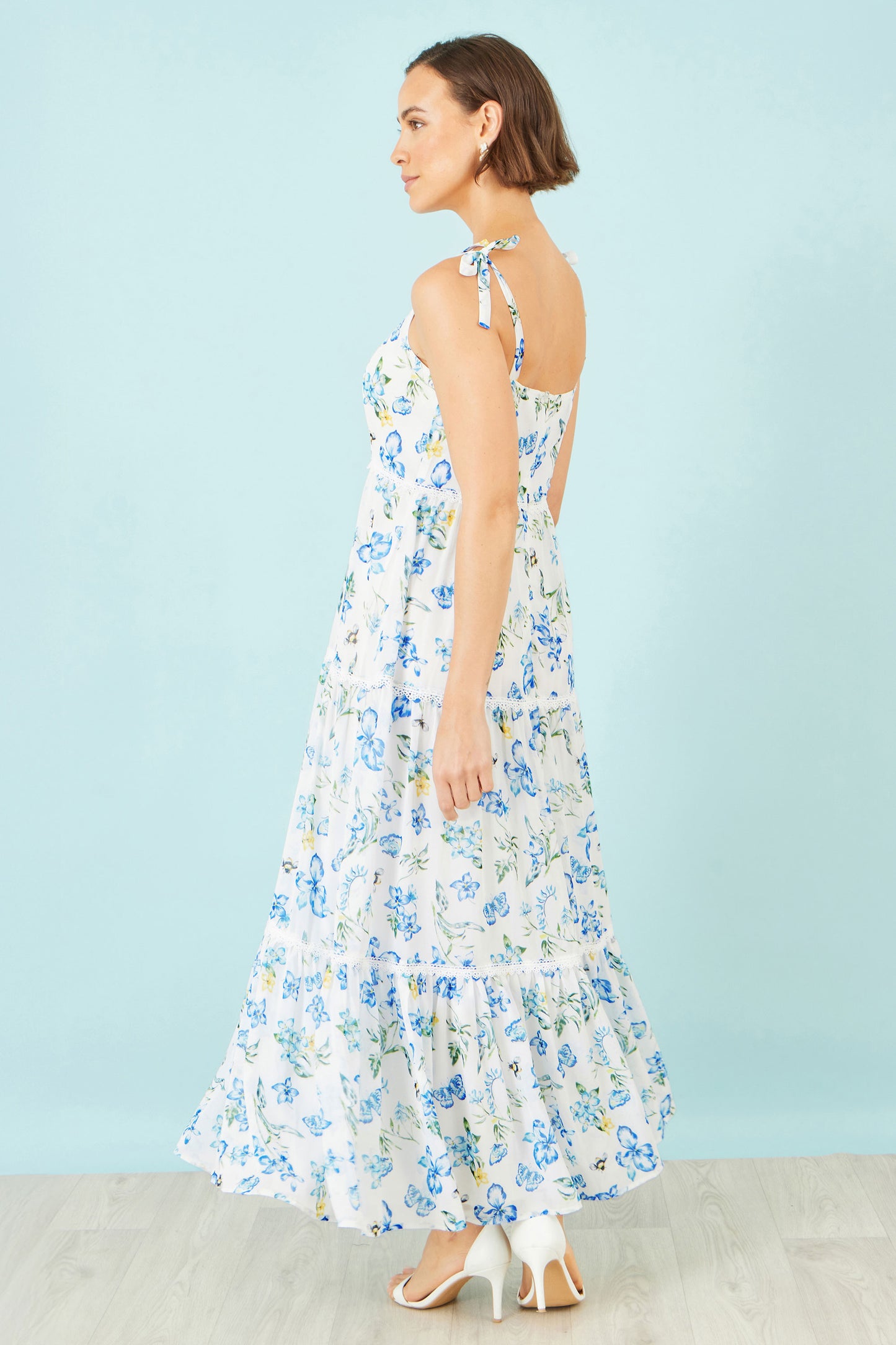 Yumi White Butterfly Print Lace Trim Maxi Dress Beachwear Yumi