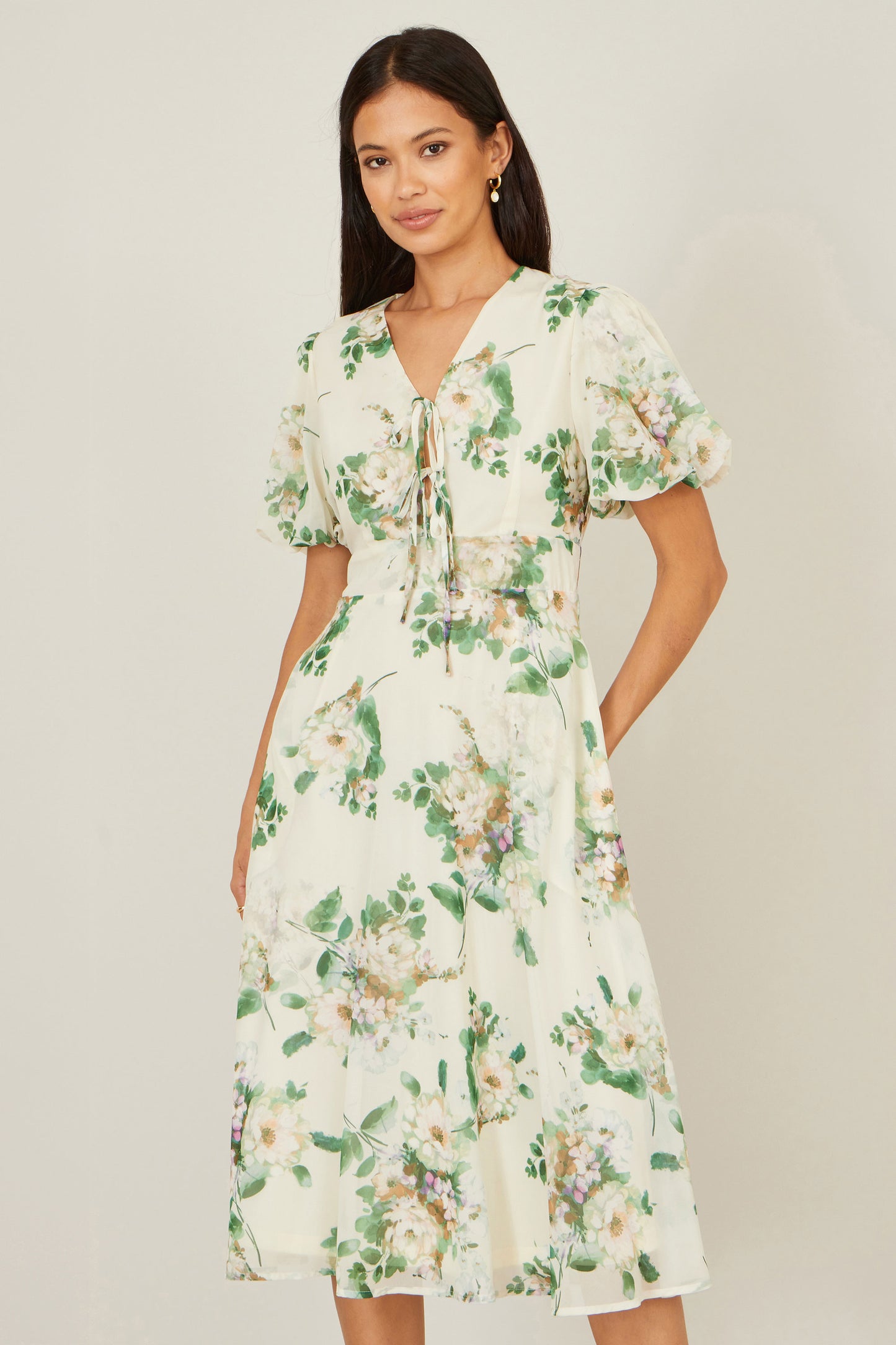 Yumi Ivory Floral Tea Dress With Front Ties Dress Occasion Yumi