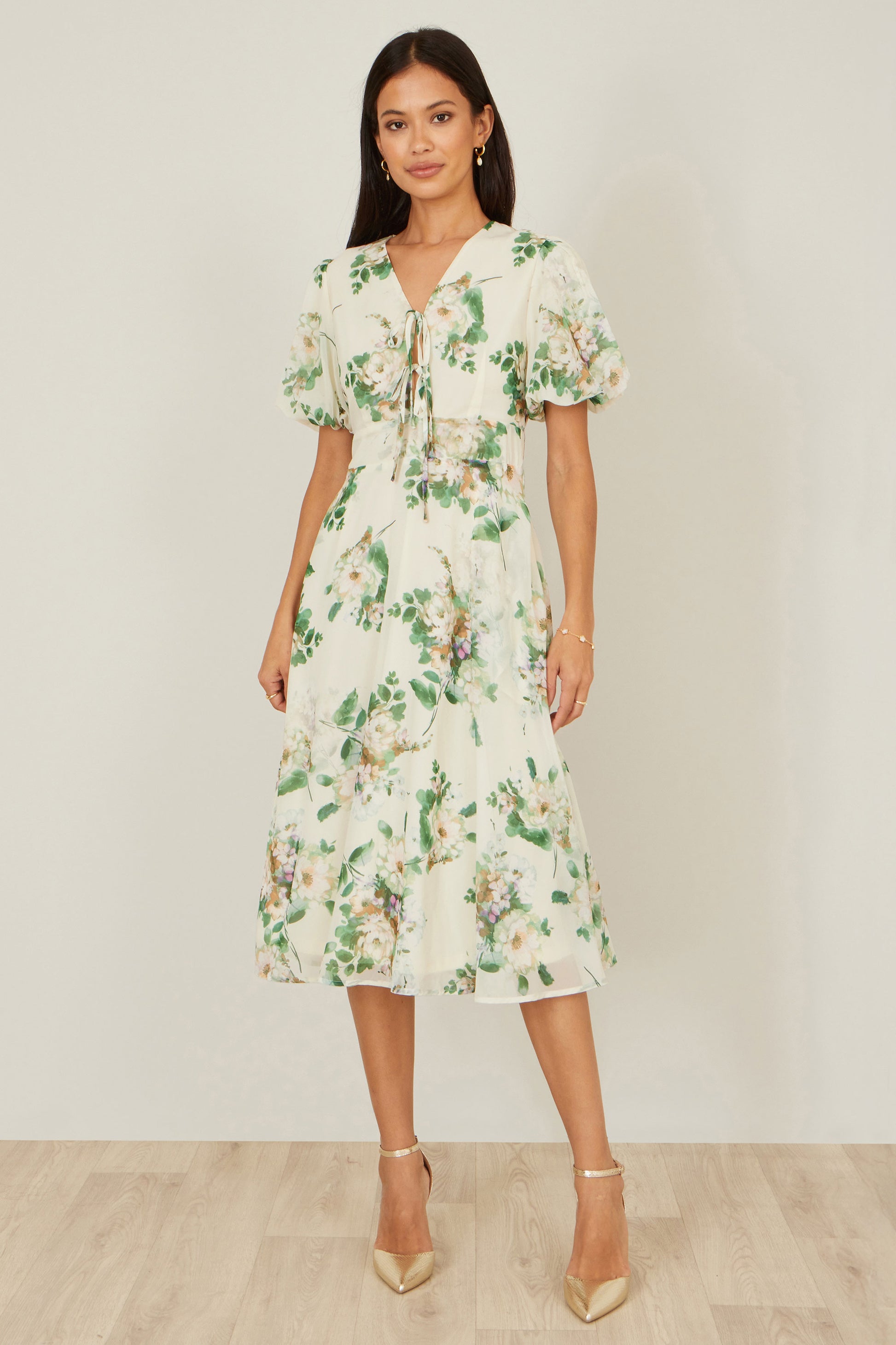Yumi Ivory Floral Tea Dress With Front Ties Dress Occasion Yumi