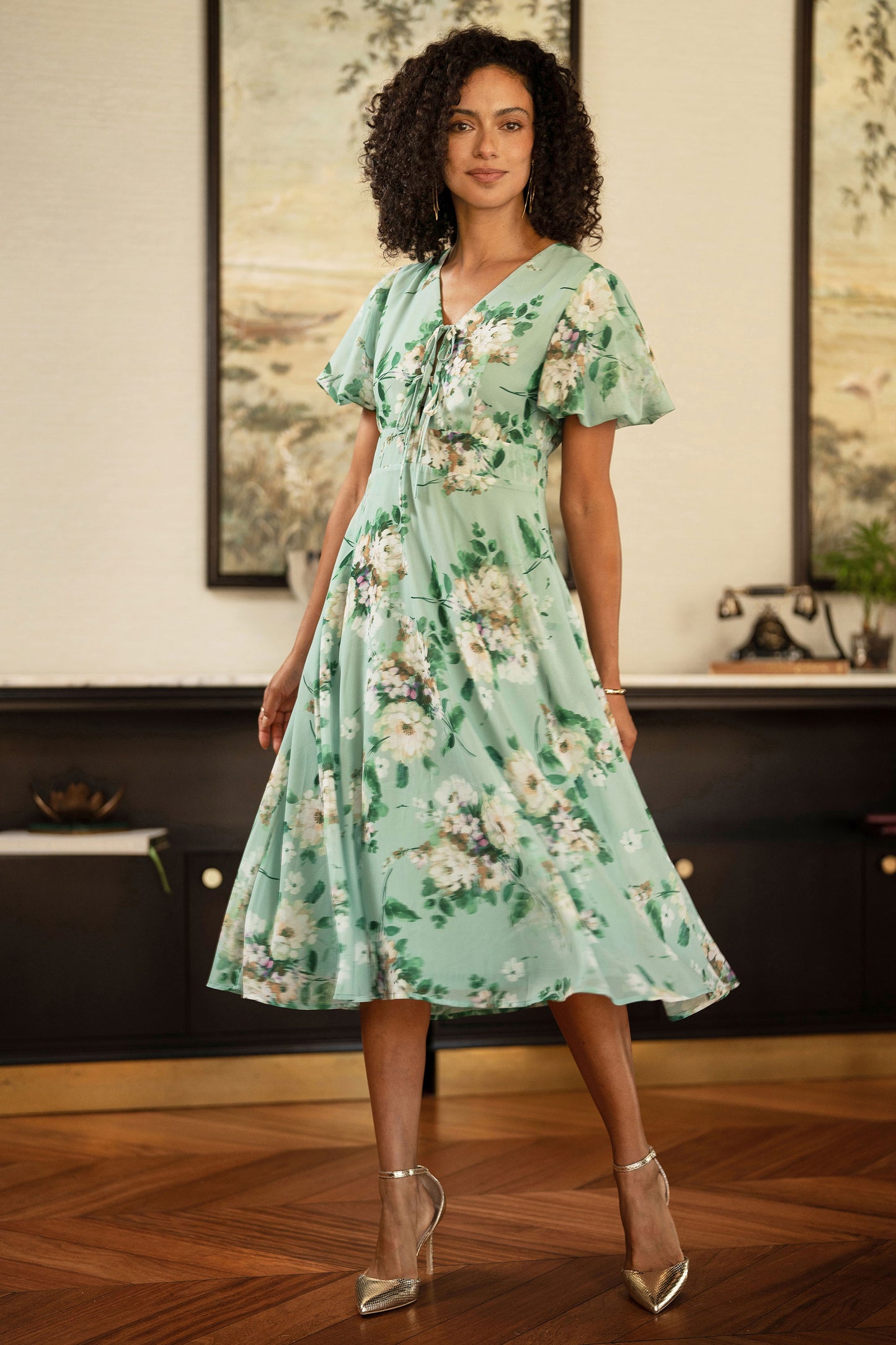 Yumi Mint Floral Tea Dress With Front Ties Dress Occasion Yumi