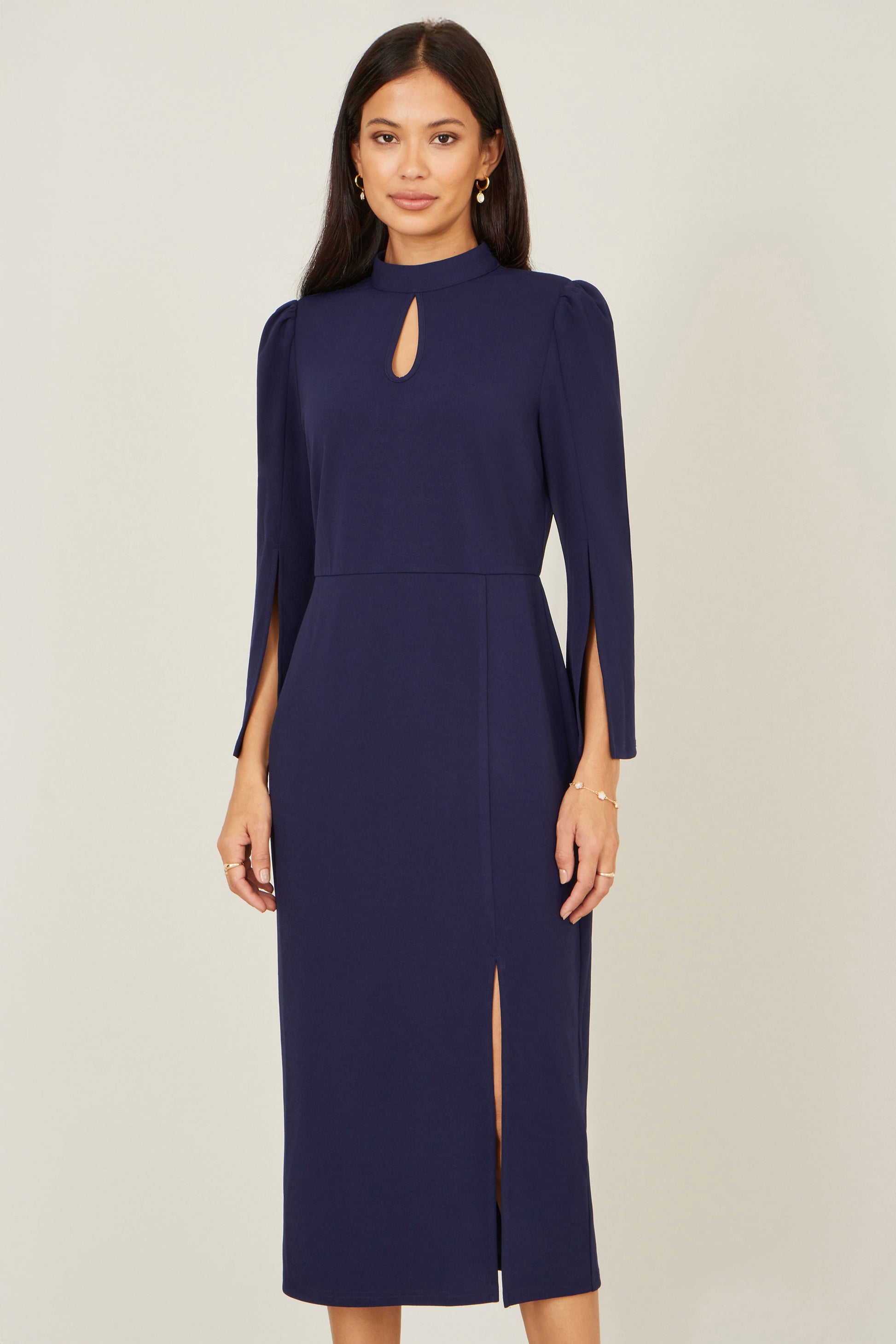 Yumi Navy Fitted Midi Dress With Flute Sleeves Dress Occasion Yumi