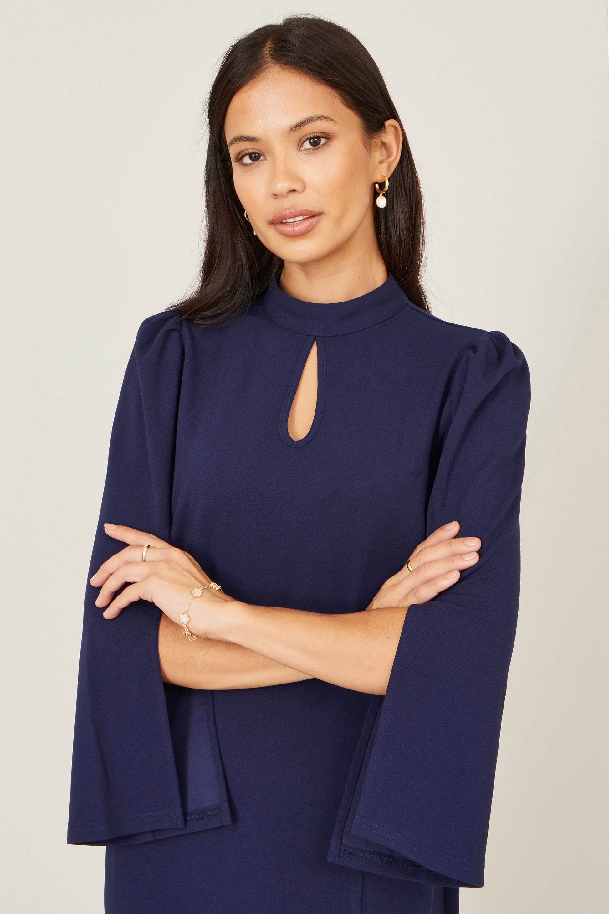 Yumi Navy Fitted Midi Dress With Flute Sleeves Dress Occasion Yumi