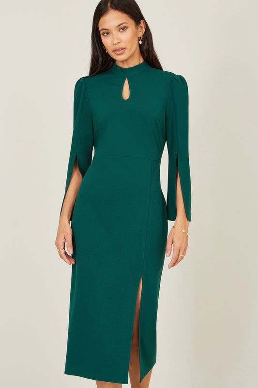 Yumi Green Fitted Midi Dress With Flute Sleeves Dress Occasion Yumi