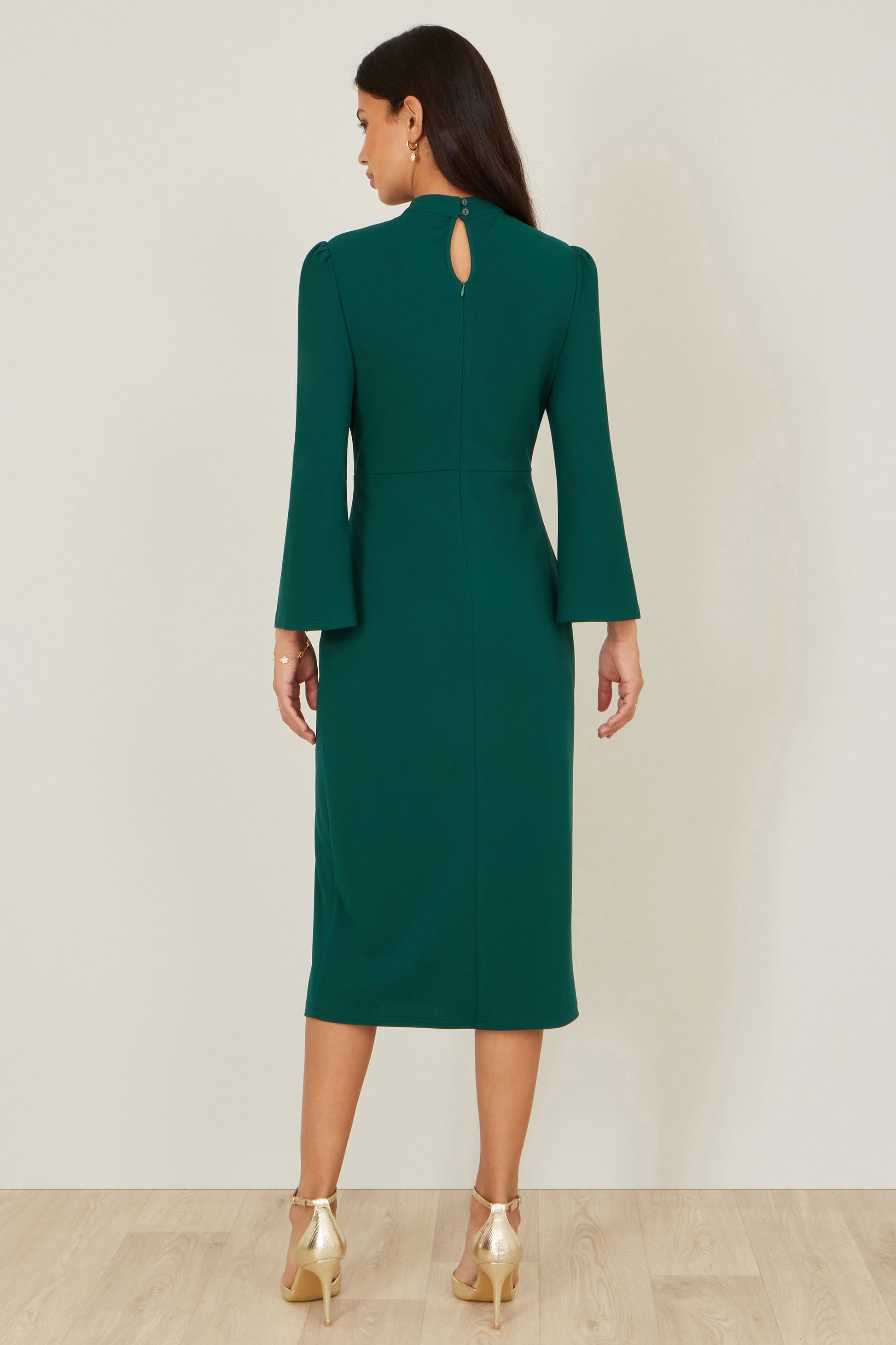 Yumi Green Fitted Midi Dress With Flute Sleeves Dress Occasion Yumi