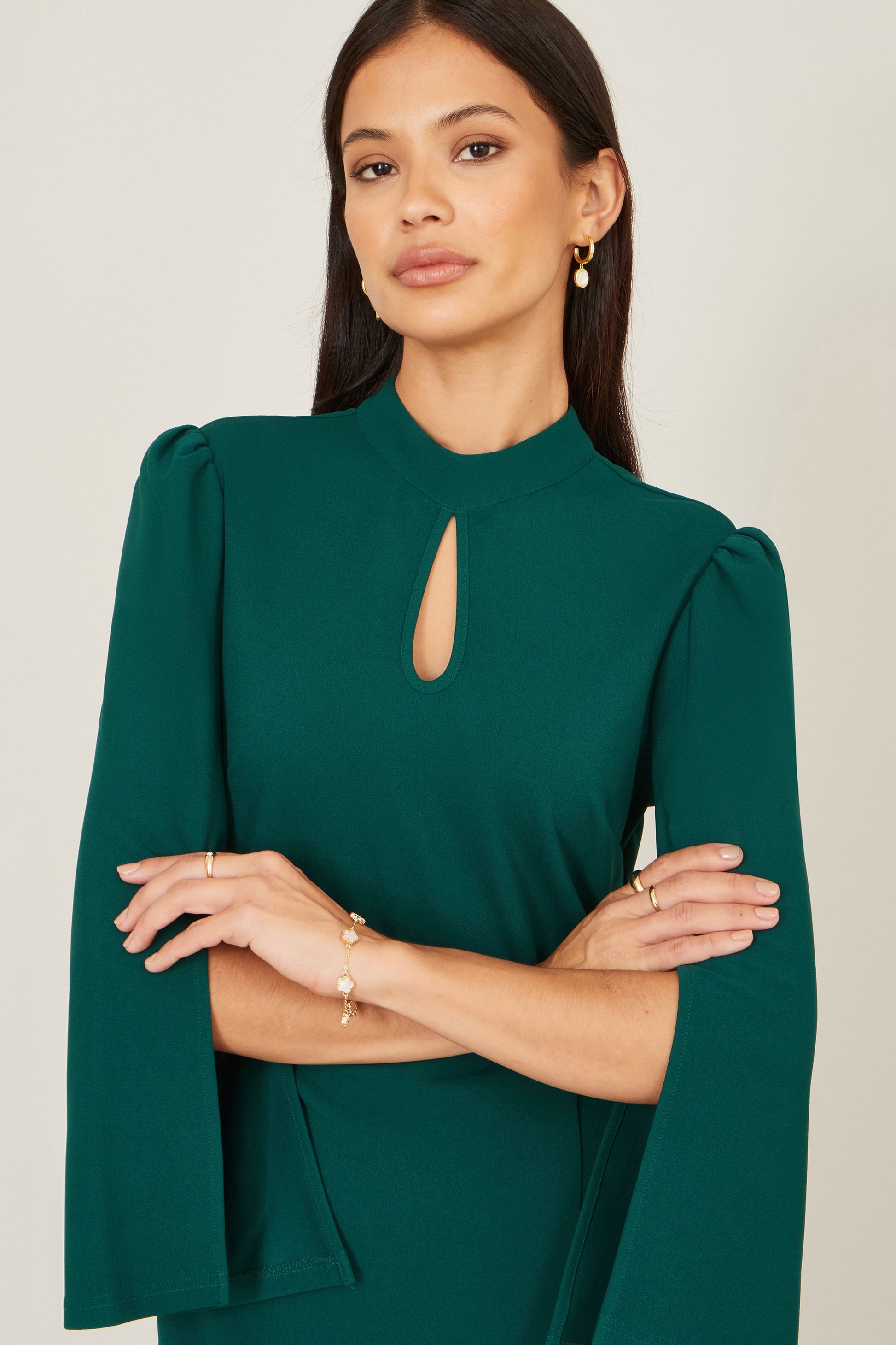 Yumi Green Fitted Midi Dress With Flute Sleeves Dress Occasion Yumi
