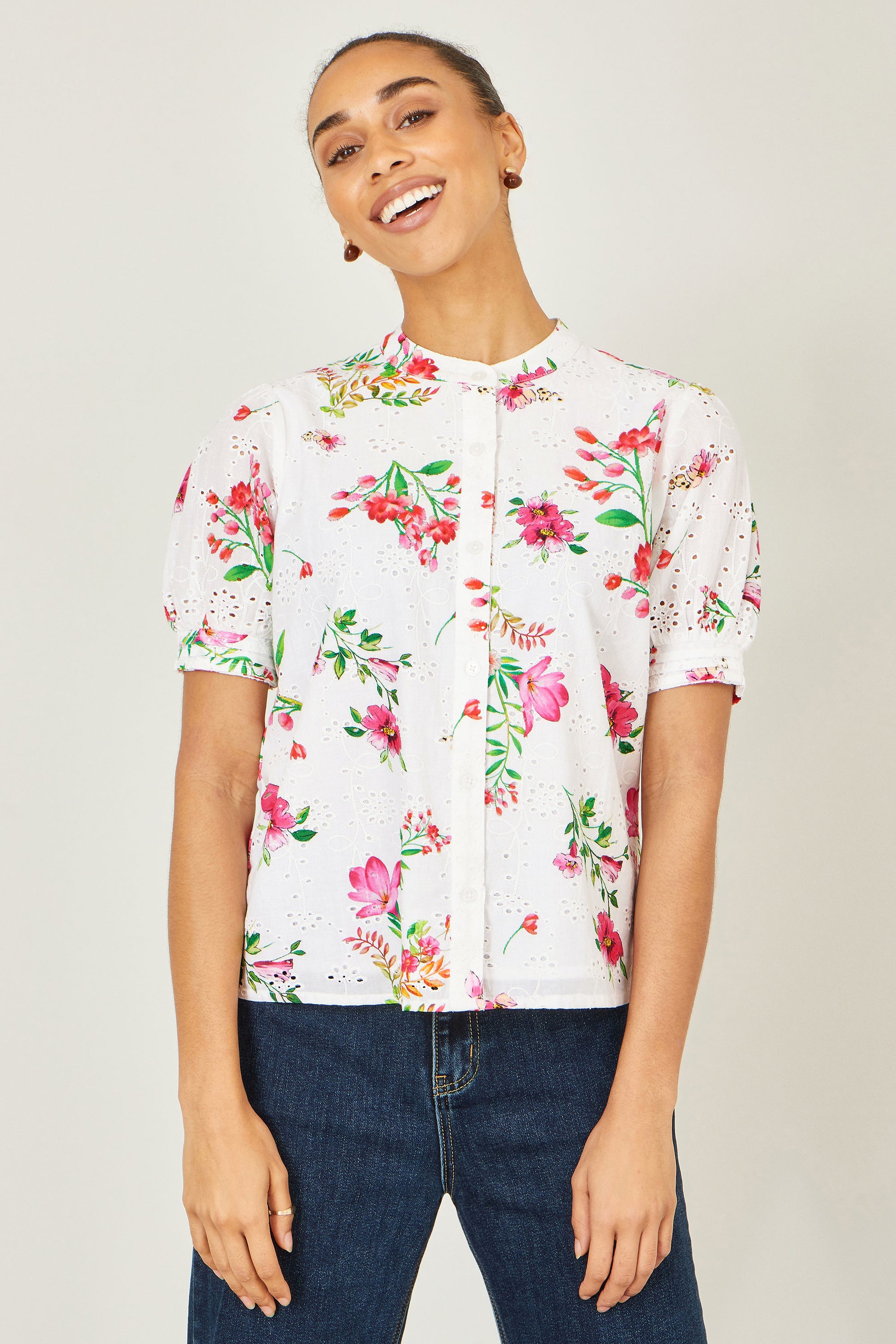 Yumi White Cotton Broderie Anglaise Floral Shirt SHIRT Yumi