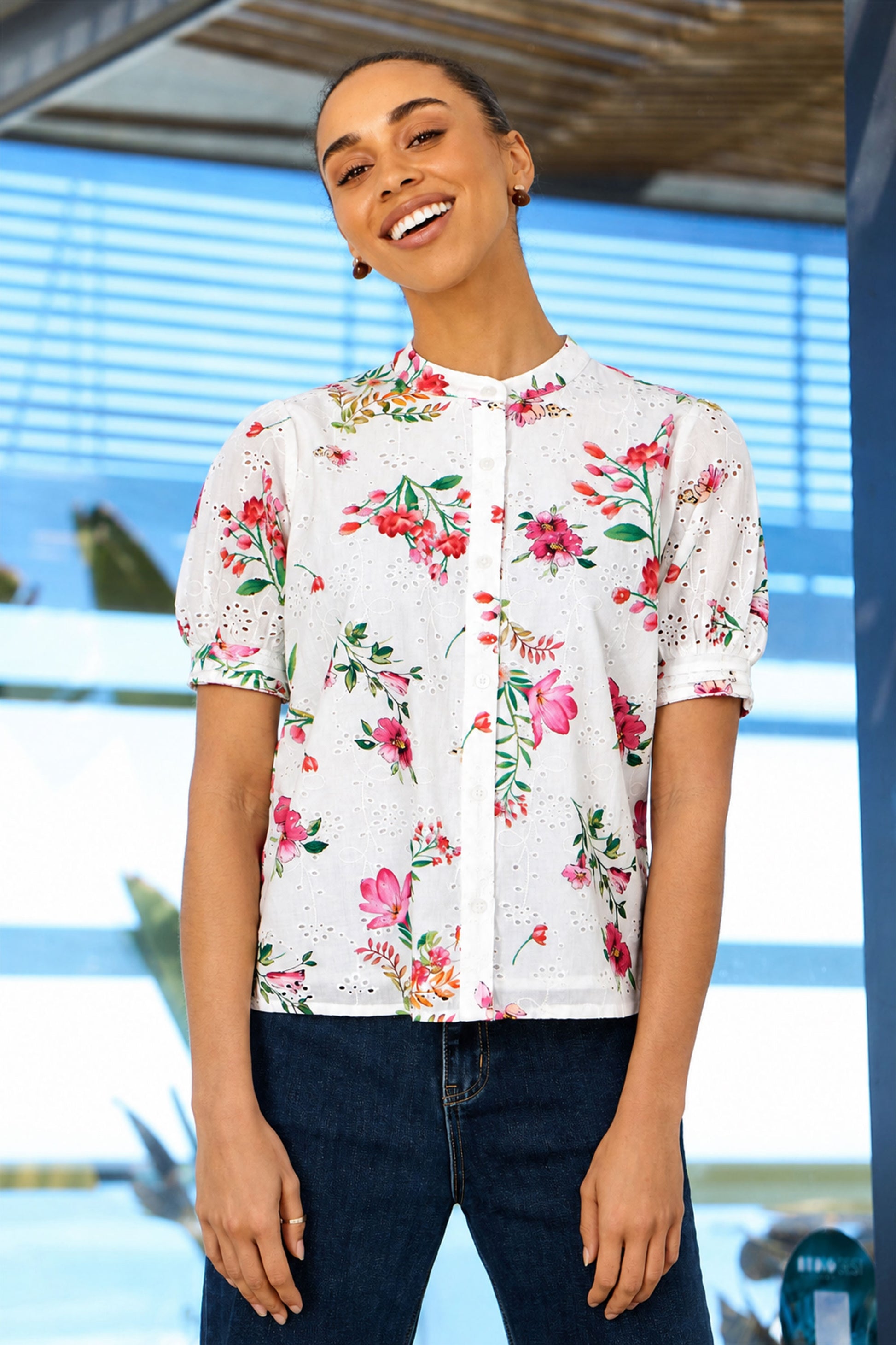 Yumi White Cotton Broderie Anglaise Floral Shirt SHIRT Yumi
