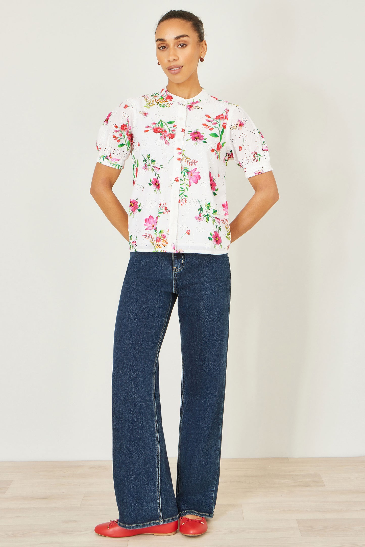 Yumi White Cotton Broderie Anglaise Floral Shirt SHIRT Yumi