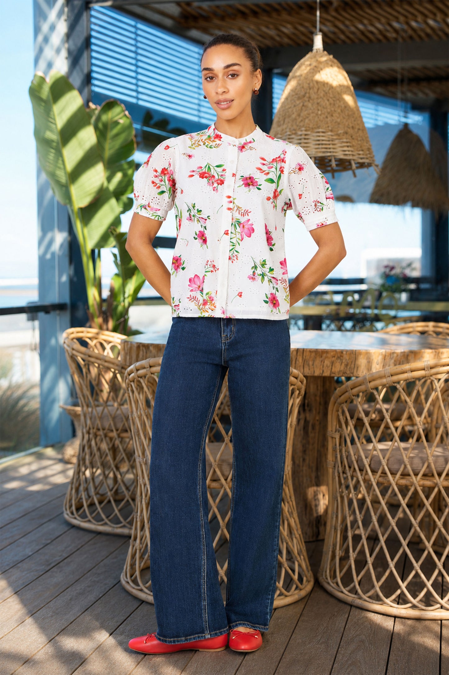 Yumi White Cotton Broderie Anglaise Floral Shirt SHIRT Yumi