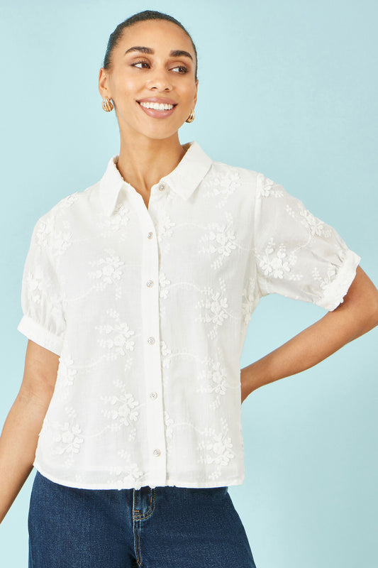 Yumi White Cotton Flower Applique Shirt SHIRT Yumi