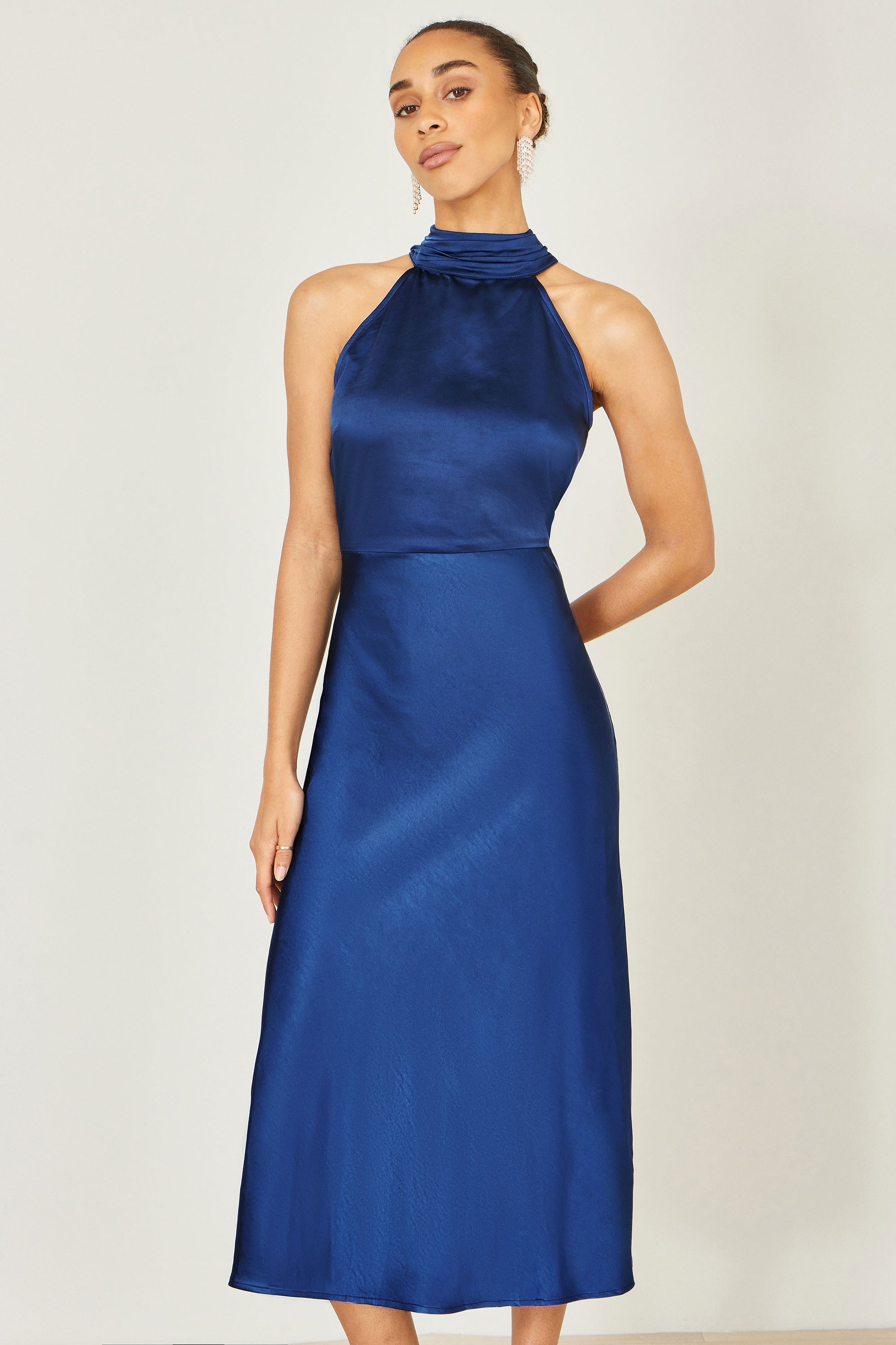Yumi Navy Satin Halter Neck Midi Dress Dress Occasion Yumi