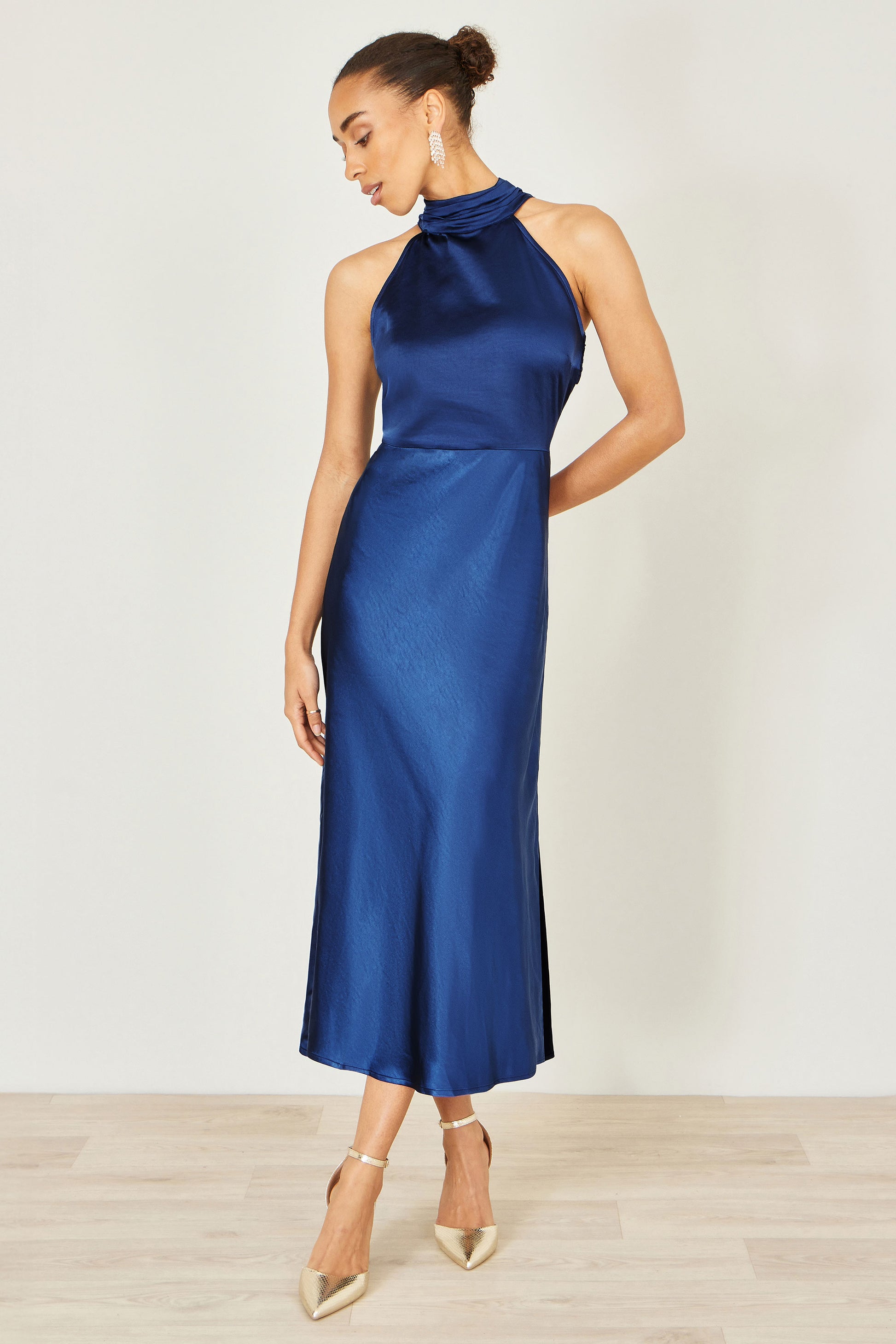 Yumi Navy Satin Halter Neck Midi Dress Dress Occasion Yumi