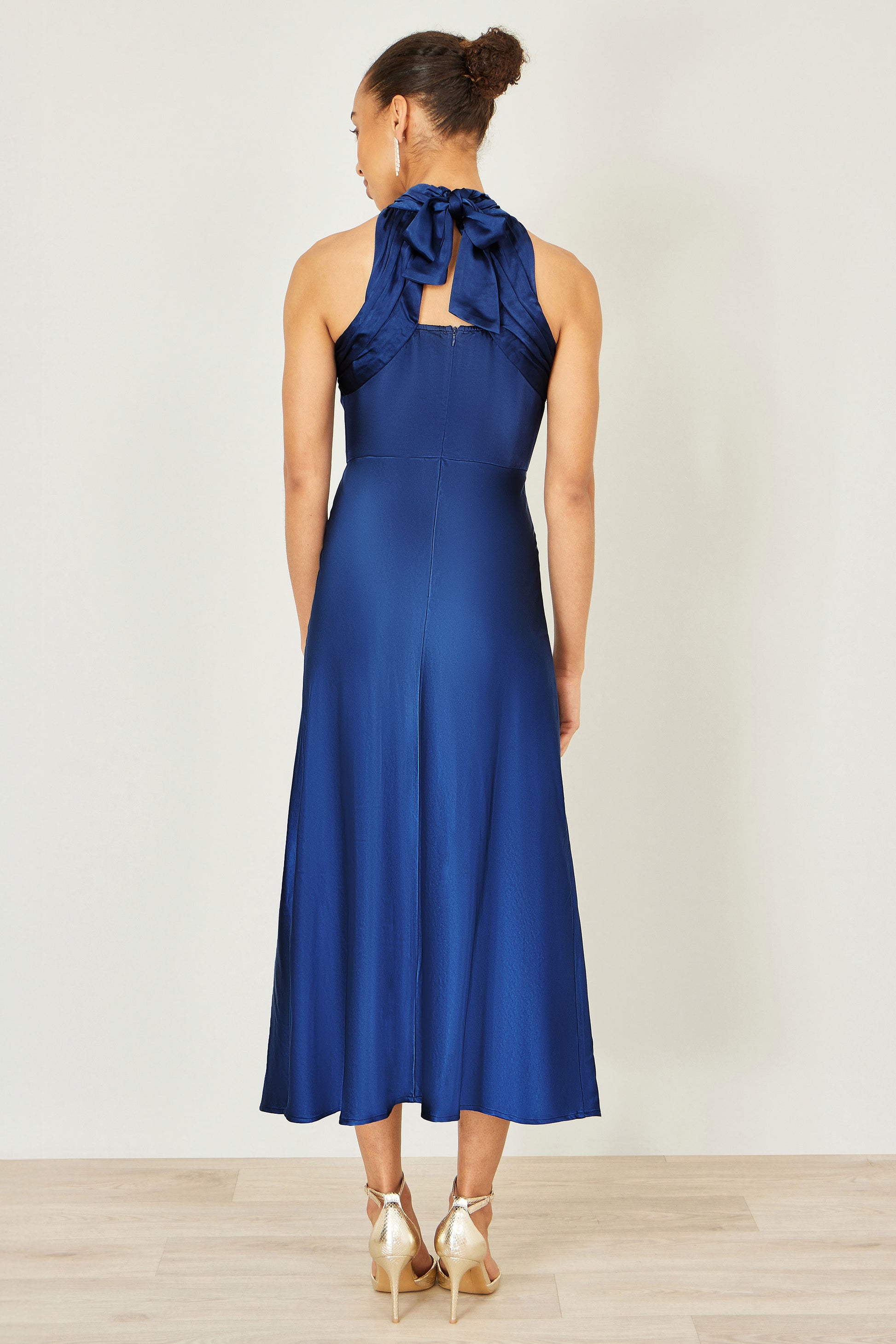 Yumi Navy Satin Halter Neck Midi Dress Dress Occasion Yumi
