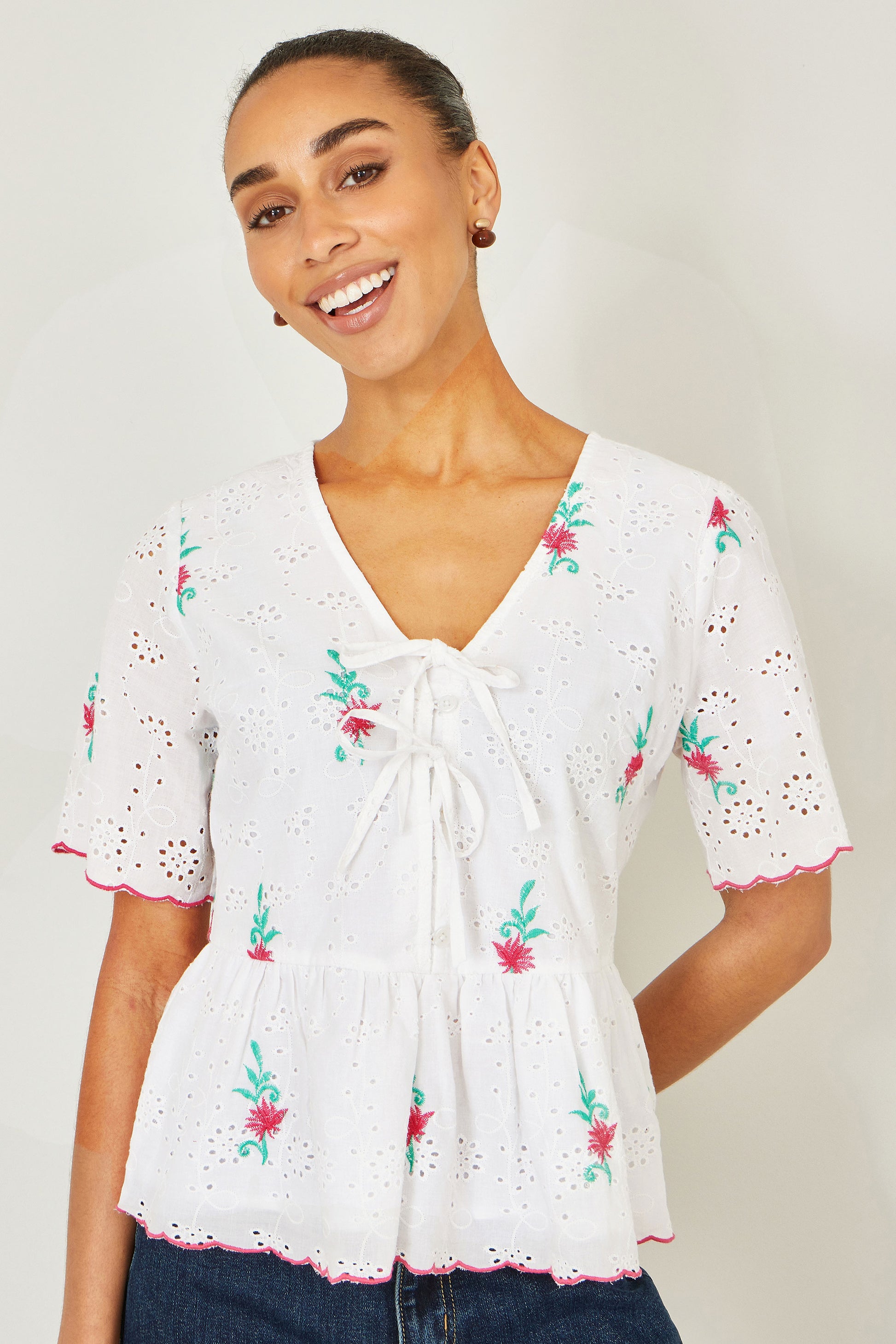 Yumi White Cotton Broderie Anglaise Embroidered Tie Top Tops Yumi