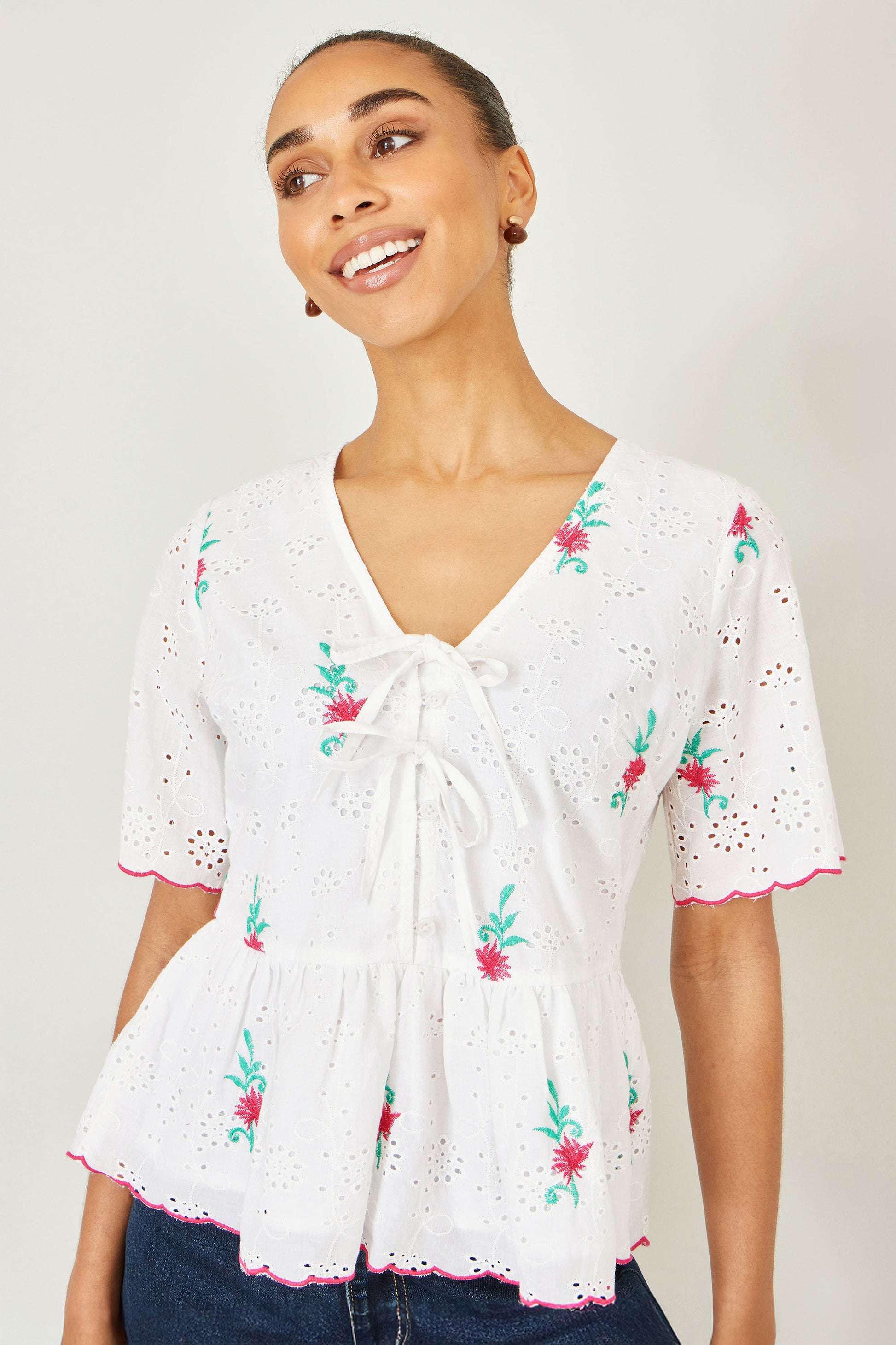 Yumi White Cotton Broderie Anglaise Embroidered Tie Top Tops Yumi
