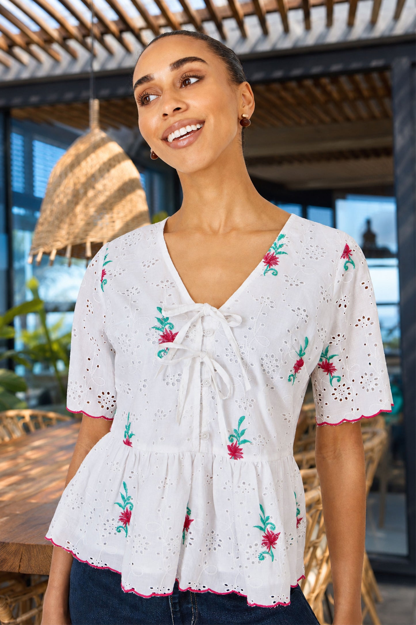 Yumi White Cotton Broderie Anglaise Embroidered Tie Top Tops Yumi