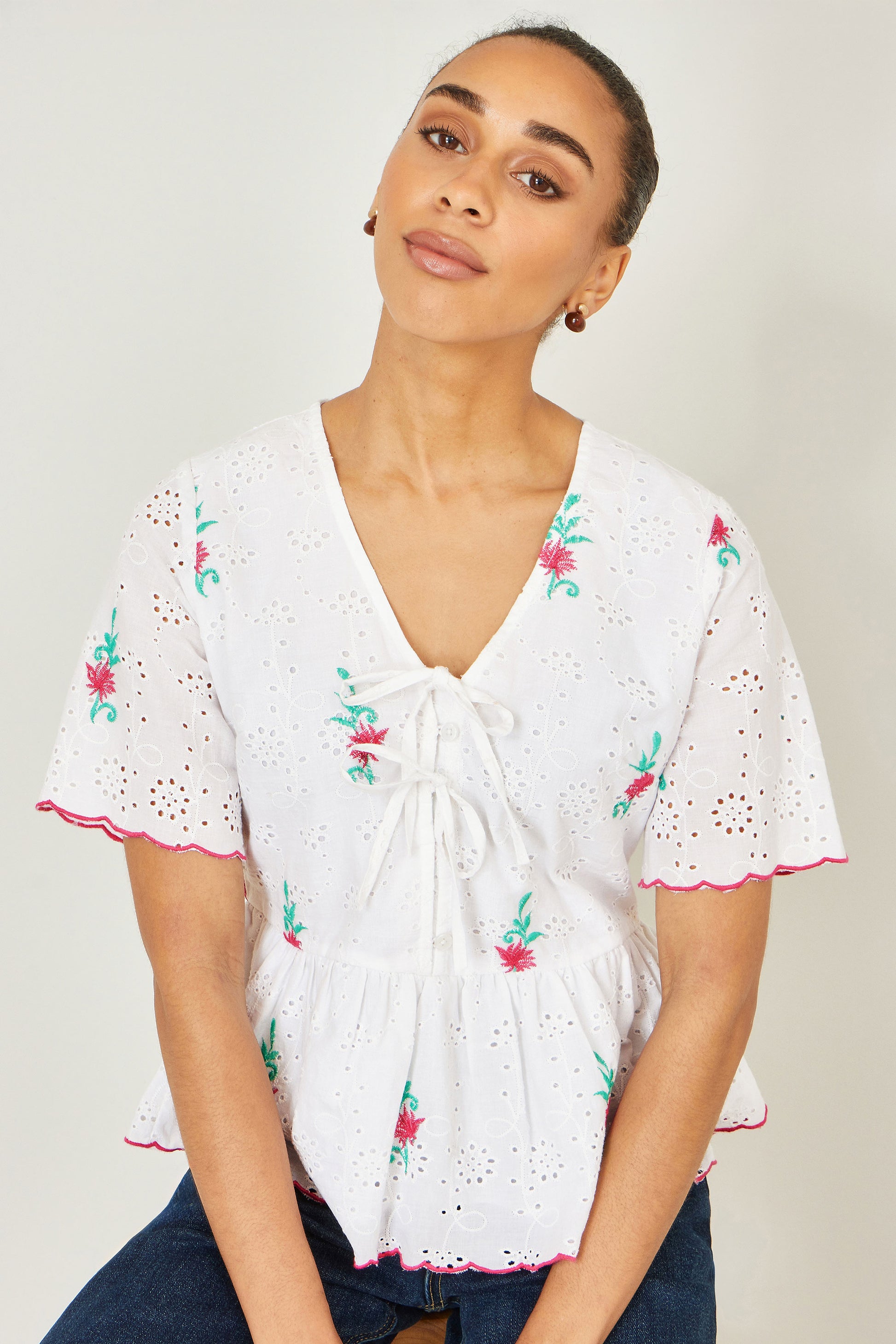 Yumi White Cotton Broderie Anglaise Embroidered Tie Top Tops Yumi