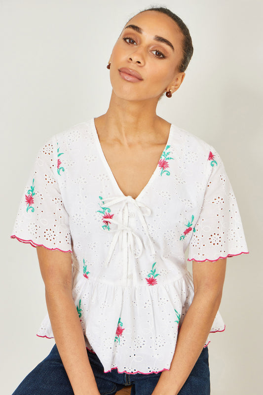 Yumi White Cotton Broderie Anglaise Embroidered Tie Top Tops Yumi
