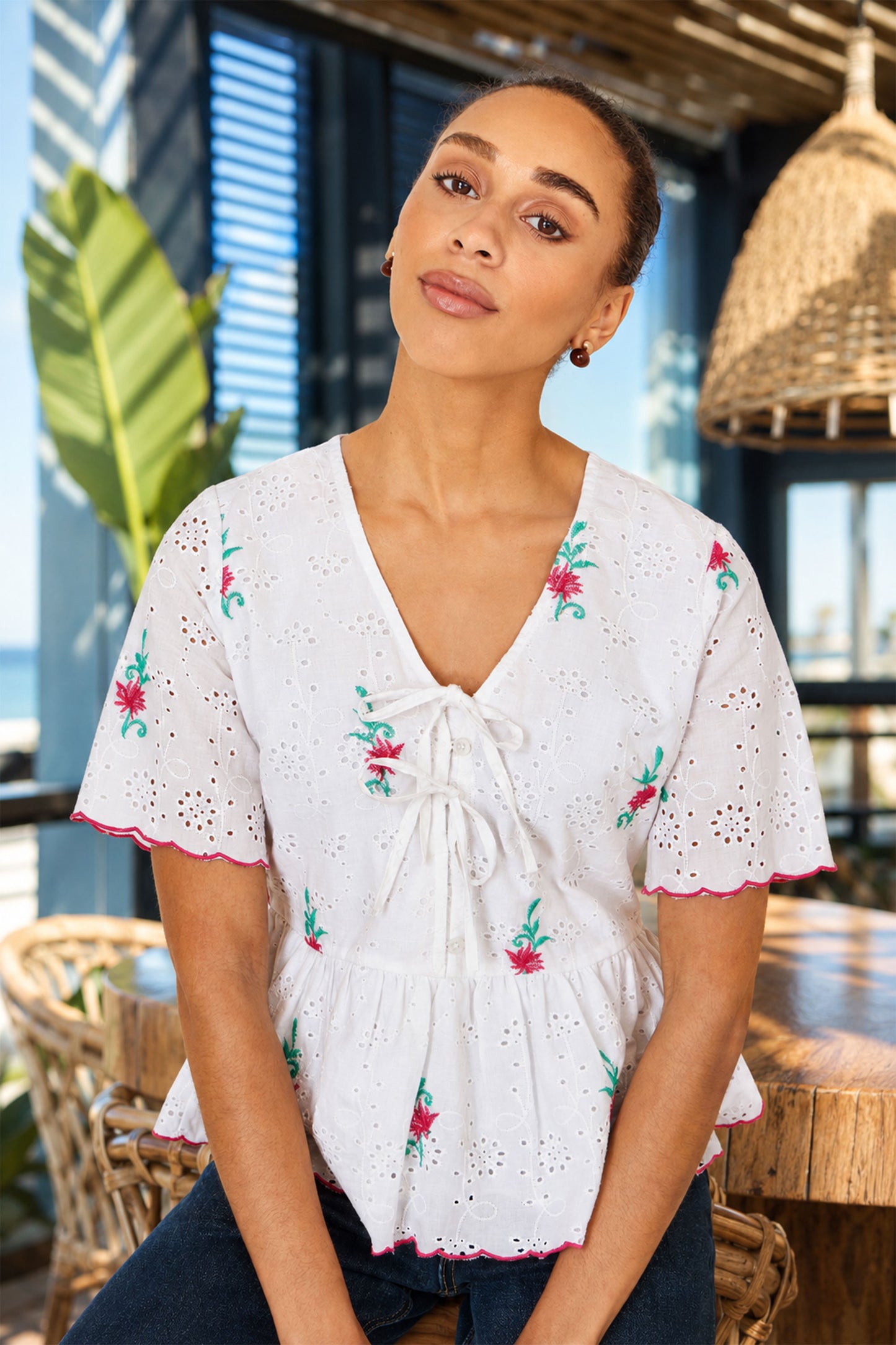 Yumi White Cotton Broderie Anglaise Embroidered Tie Top Tops Yumi