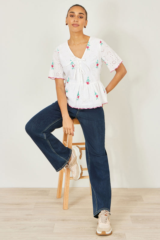 Yumi White Cotton Broderie Anglaise Embroidered Tie Top Tops Yumi