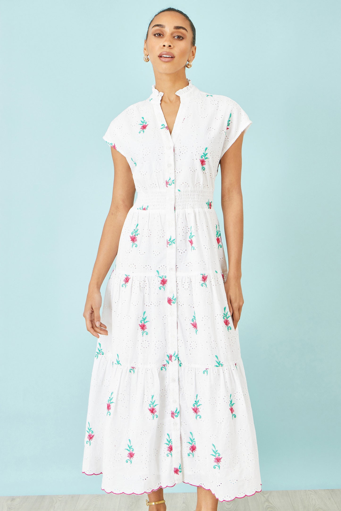 Yumi White Cotton Broderie Anglaise Embroidered Midi Dress Beachwear Yumi