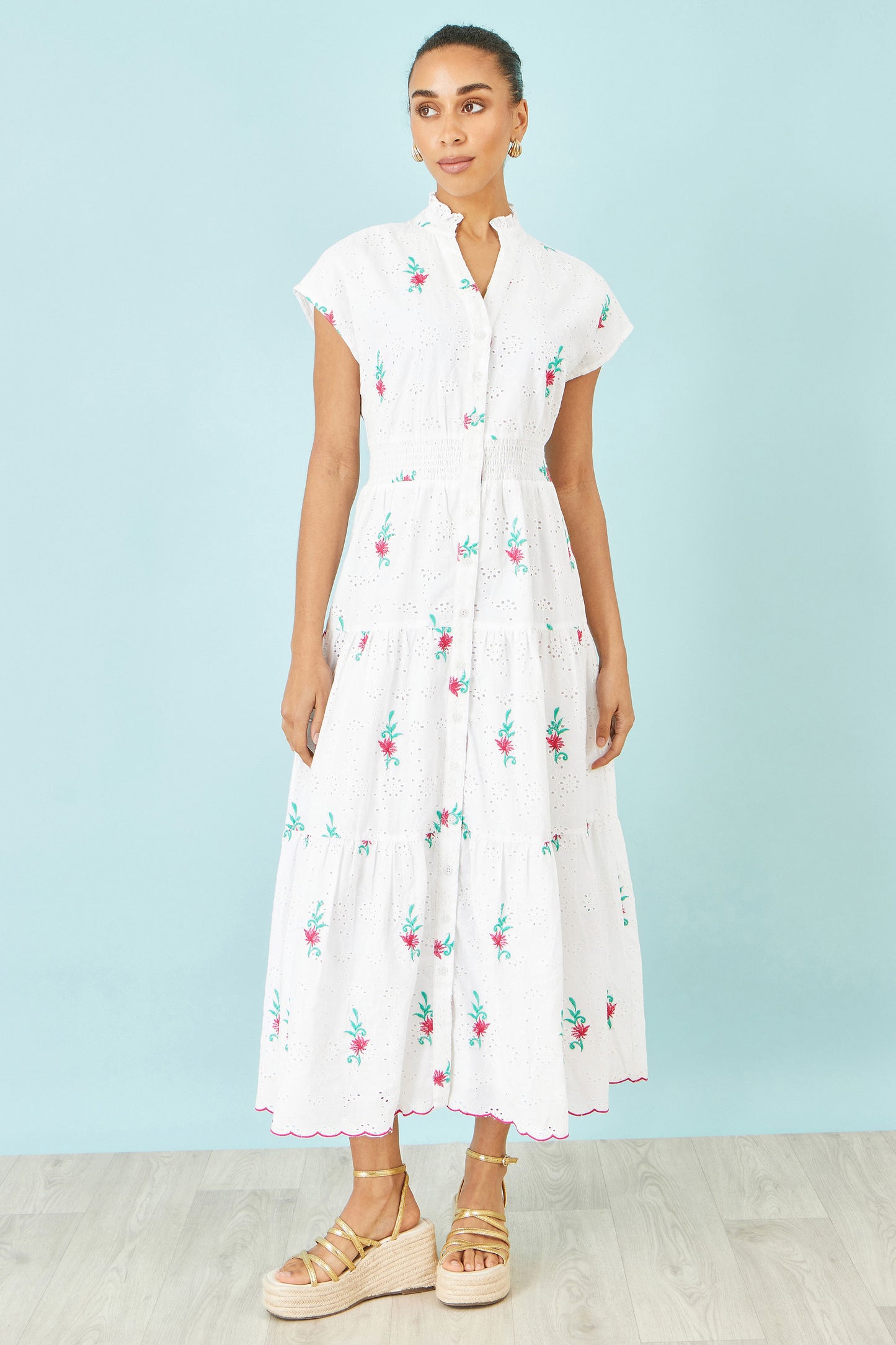 Yumi White Cotton Broderie Anglaise Embroidered Midi Dress Beachwear Yumi
