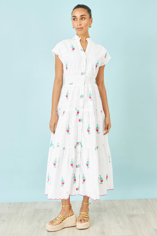 Yumi White Cotton Broderie Anglaise Embroidered Midi Dress Beachwear Yumi