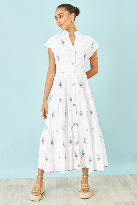 Yumi White Cotton Broderie Anglaise Embroidered Midi Dress Beachwear Yumi