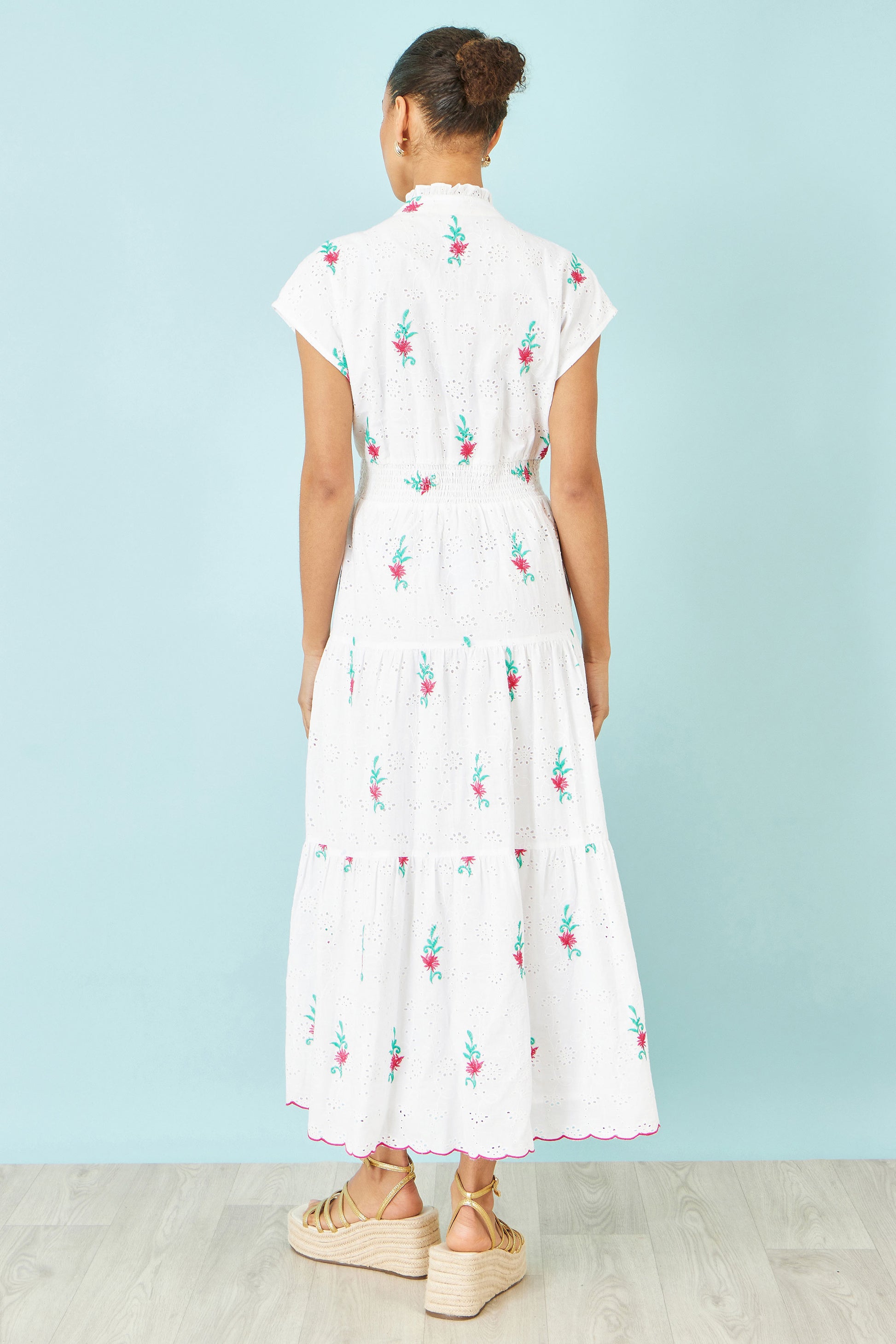 Yumi White Cotton Broderie Anglaise Embroidered Midi Dress Beachwear Yumi
