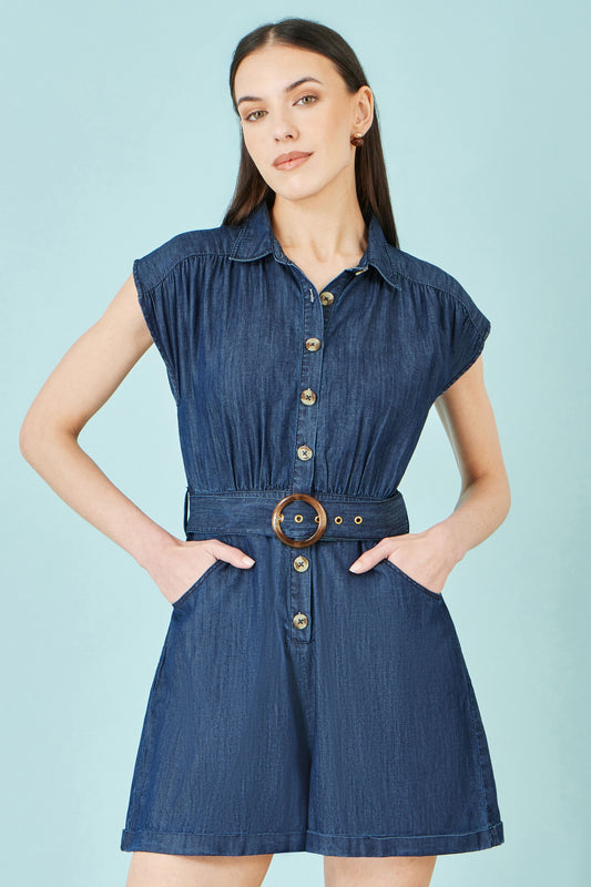Yumi Blue Chambray Cotton Playsuit PLAYSUIT Yumi