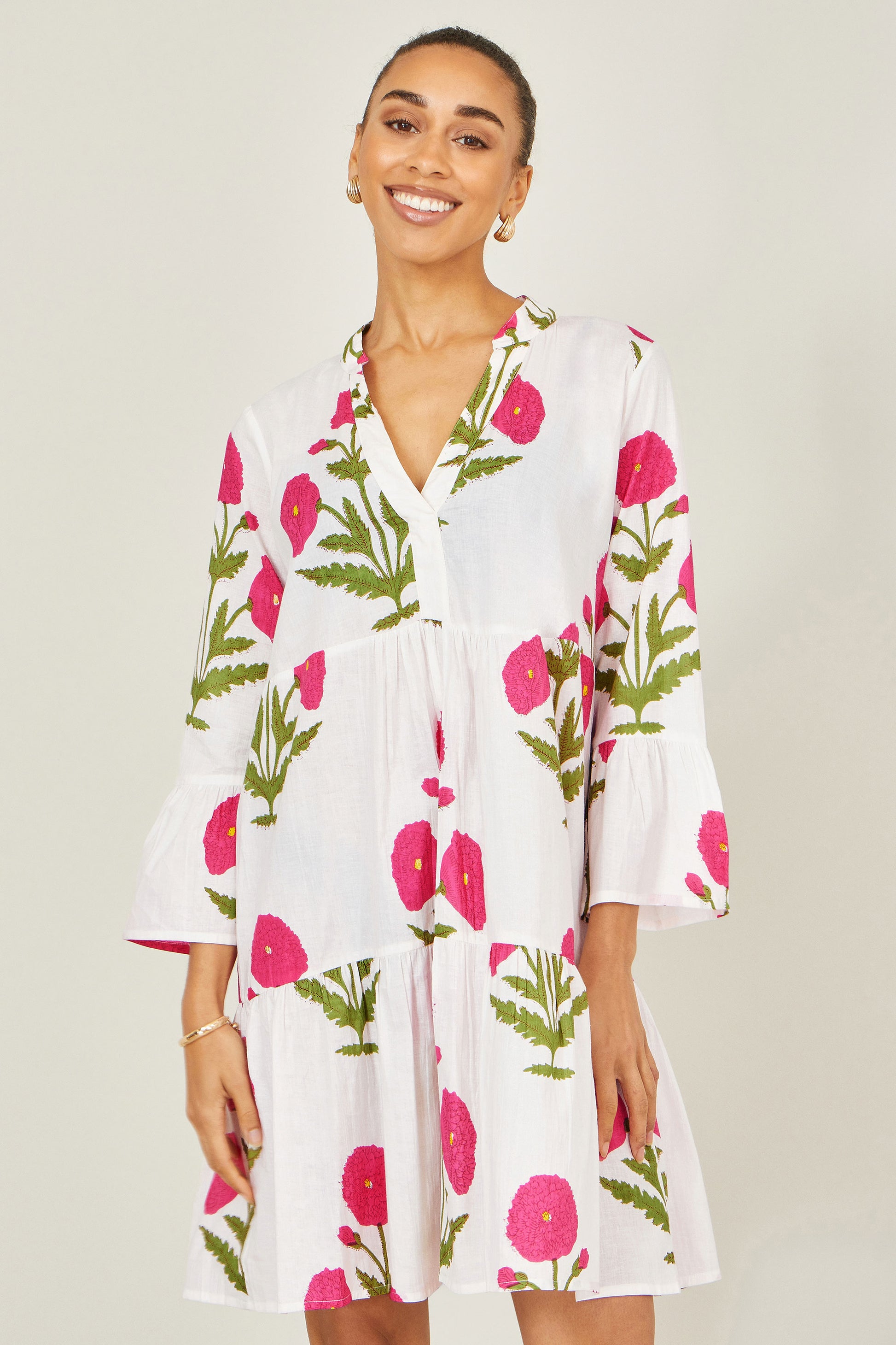 Yumi White Cotton Floral Tunic Beachwear Yumi