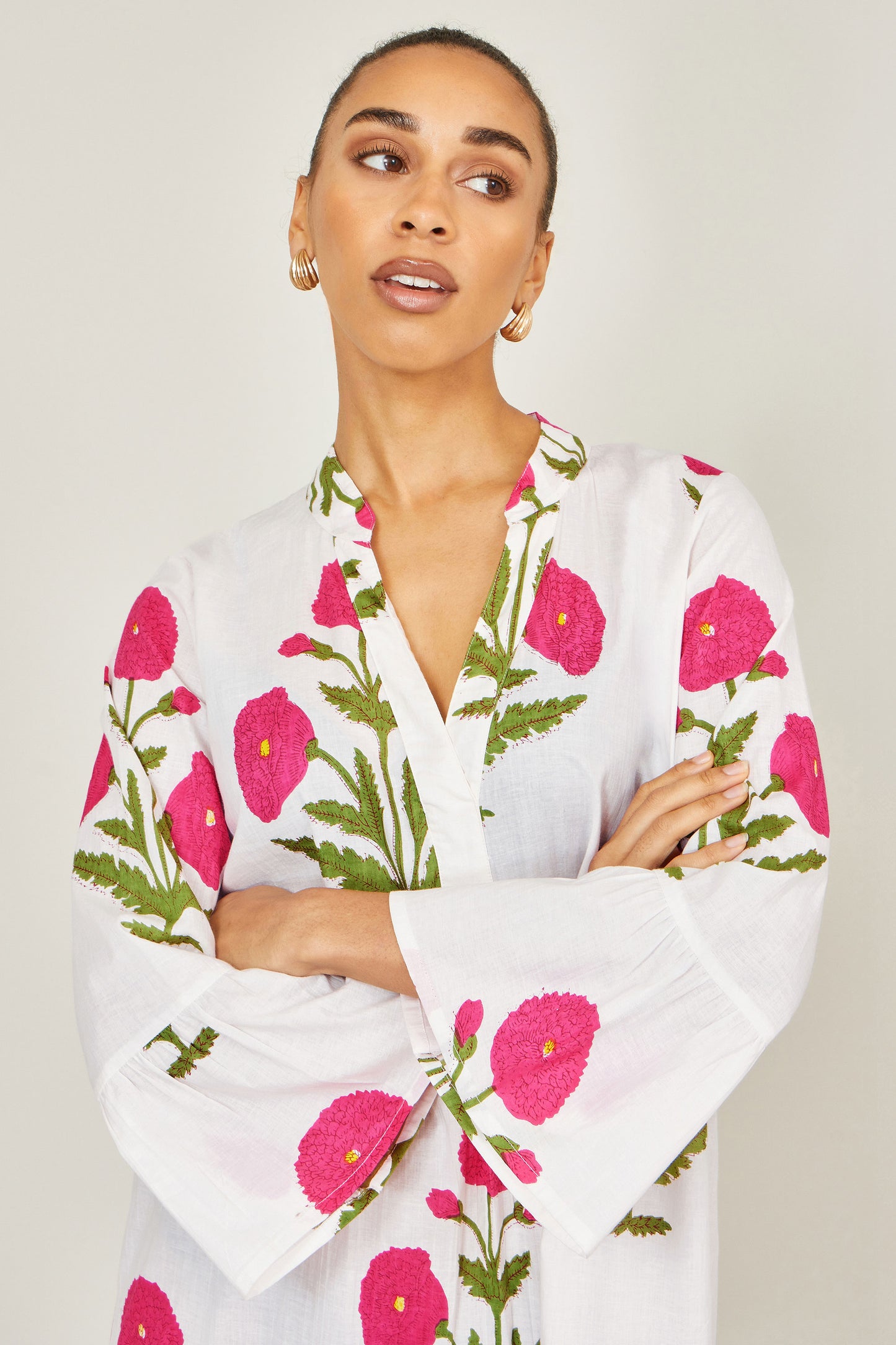 Yumi White Cotton Floral Tunic Beachwear Yumi