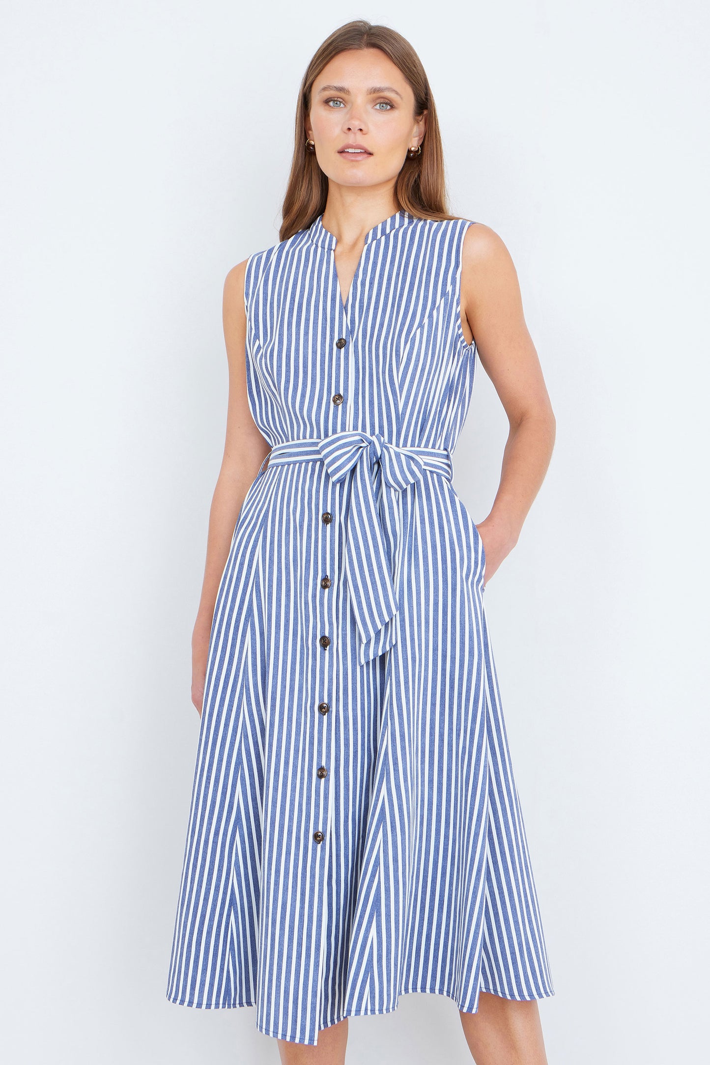 Yumi Navy Stripe Midi Sleeveless Shirt Dress Dress Casual Yumi