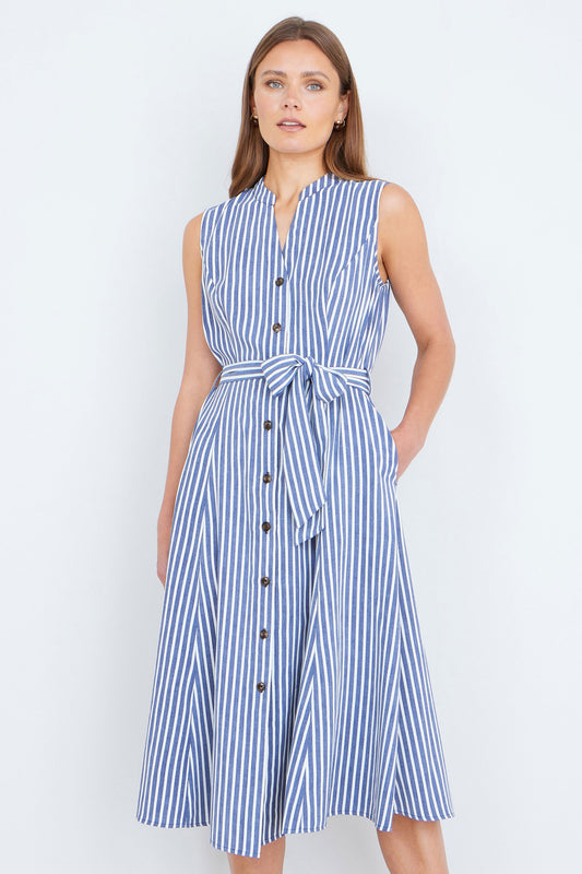 Yumi Navy Stripe Midi Sleeveless Shirt Dress Dress Casual Yumi