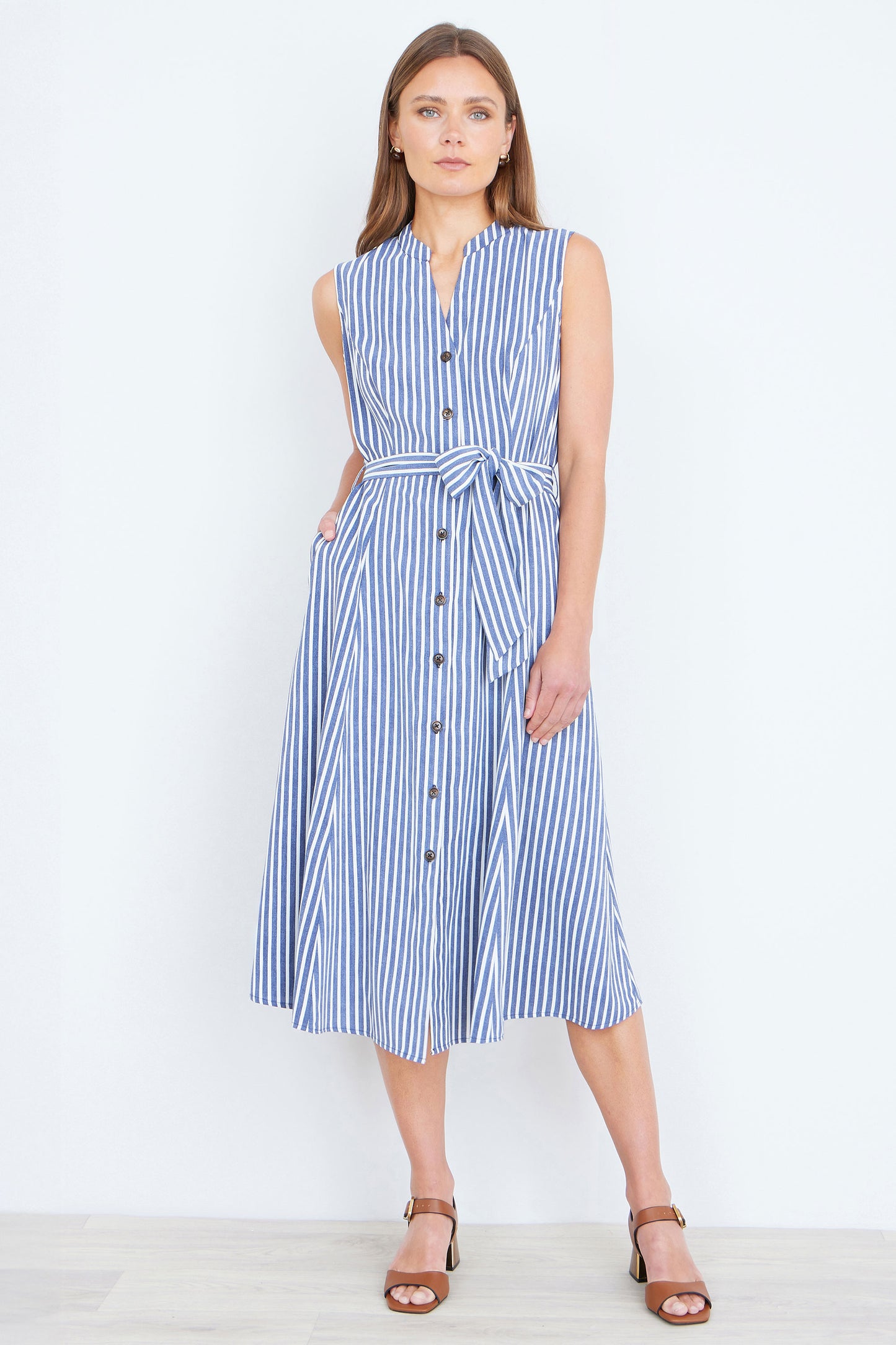 Yumi Navy Stripe Midi Sleeveless Shirt Dress Dress Casual Yumi