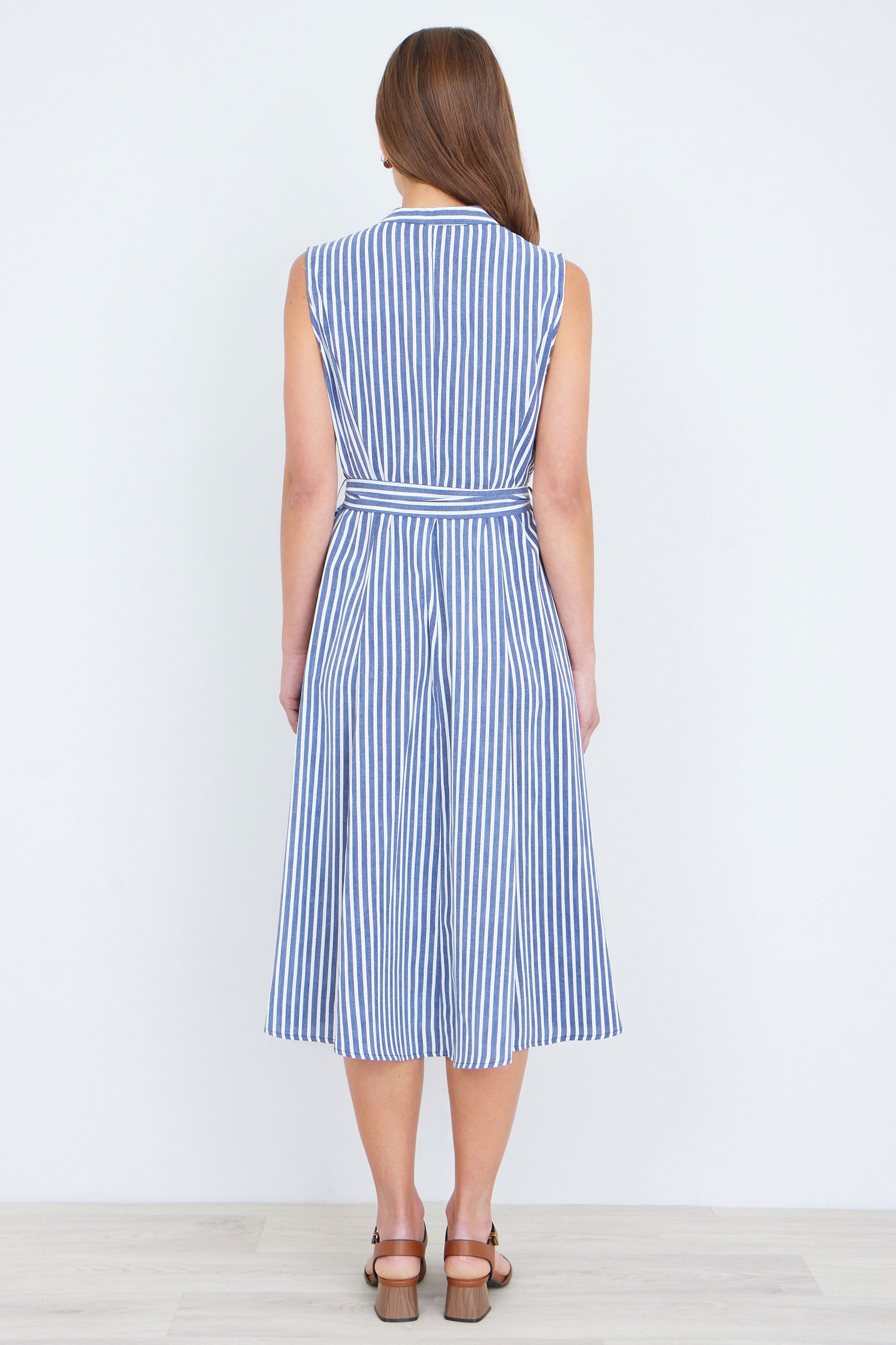 Yumi Navy Stripe Midi Sleeveless Shirt Dress Dress Casual Yumi