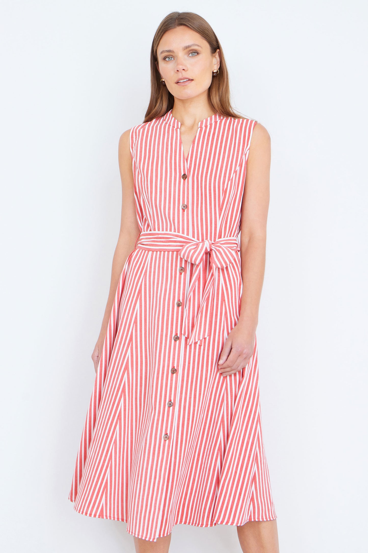 Yumi Red Stripe Midi Sleeveless Shirt Dress Dress Casual Yumi