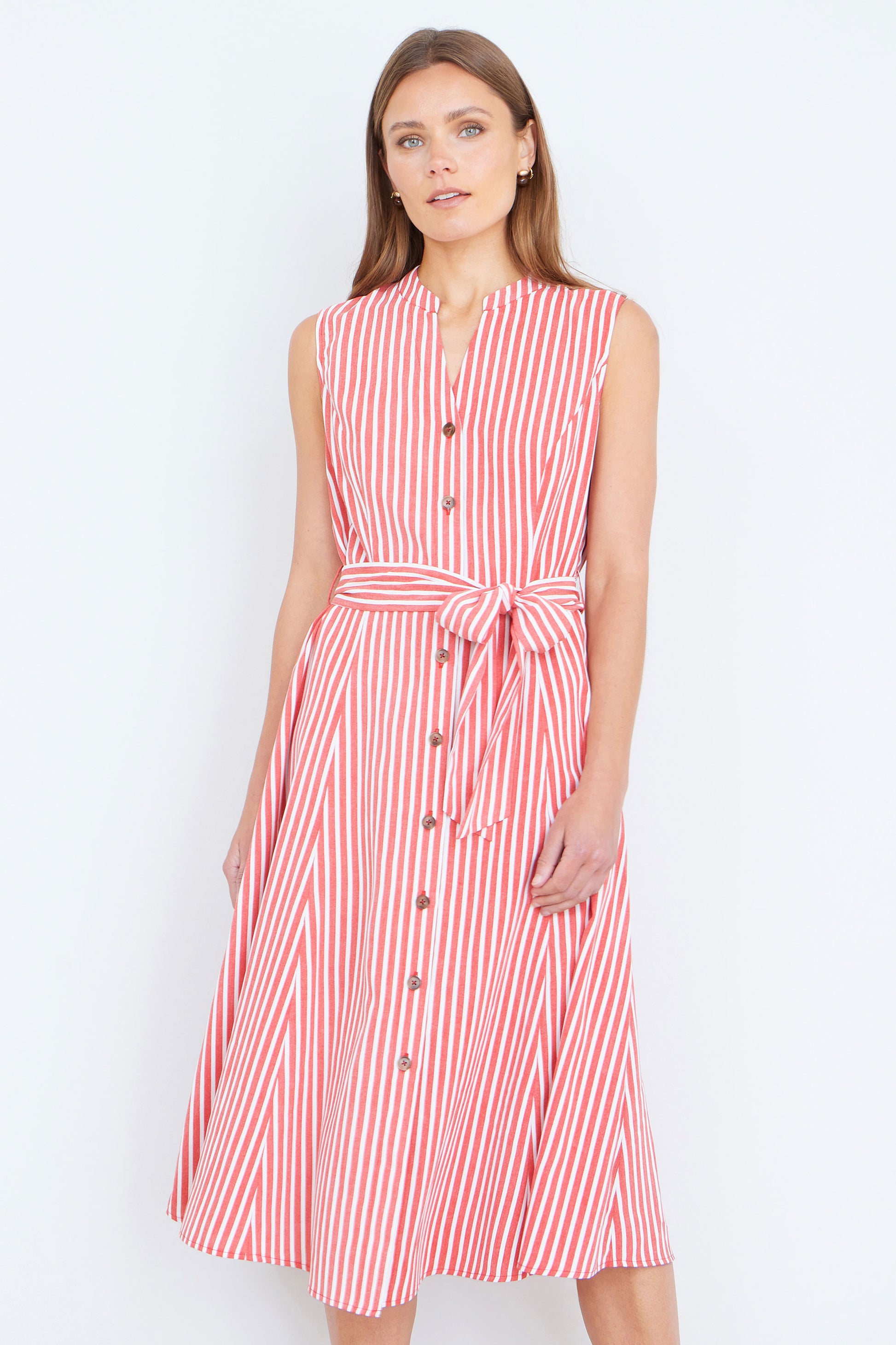 Yumi Red Stripe Midi Sleeveless Shirt Dress Dress Casual Yumi