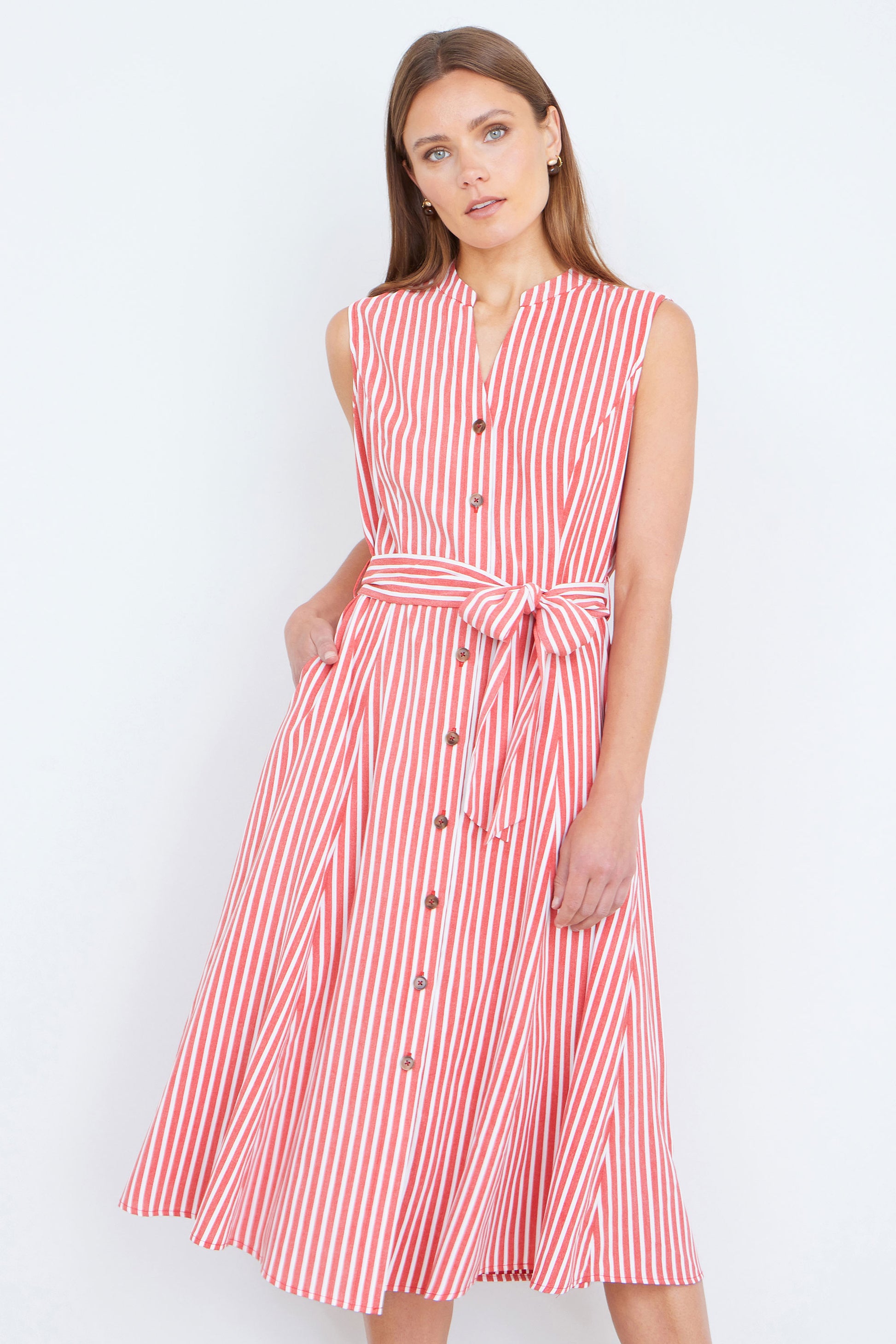 Yumi Red Stripe Midi Sleeveless Shirt Dress Dress Casual Yumi